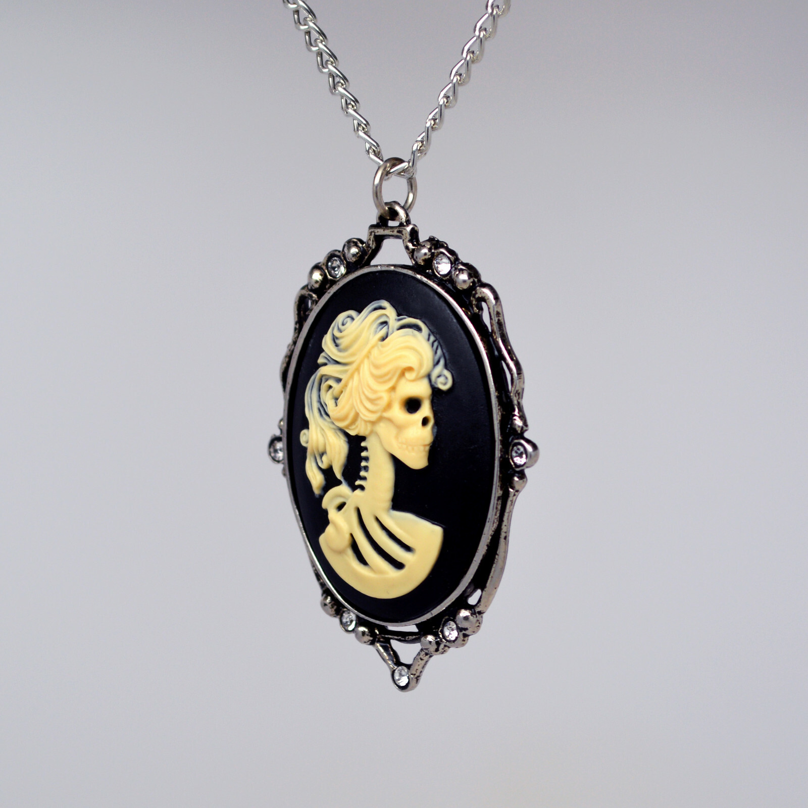 Gothic Lolita Cameo Ivory on Black with Crystals Pewter Pendant Necklace NK-610