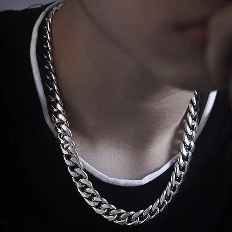 925 Silver Plated Flat Cuban Chain Necklace Men 4-10mm Stainless Jewelry