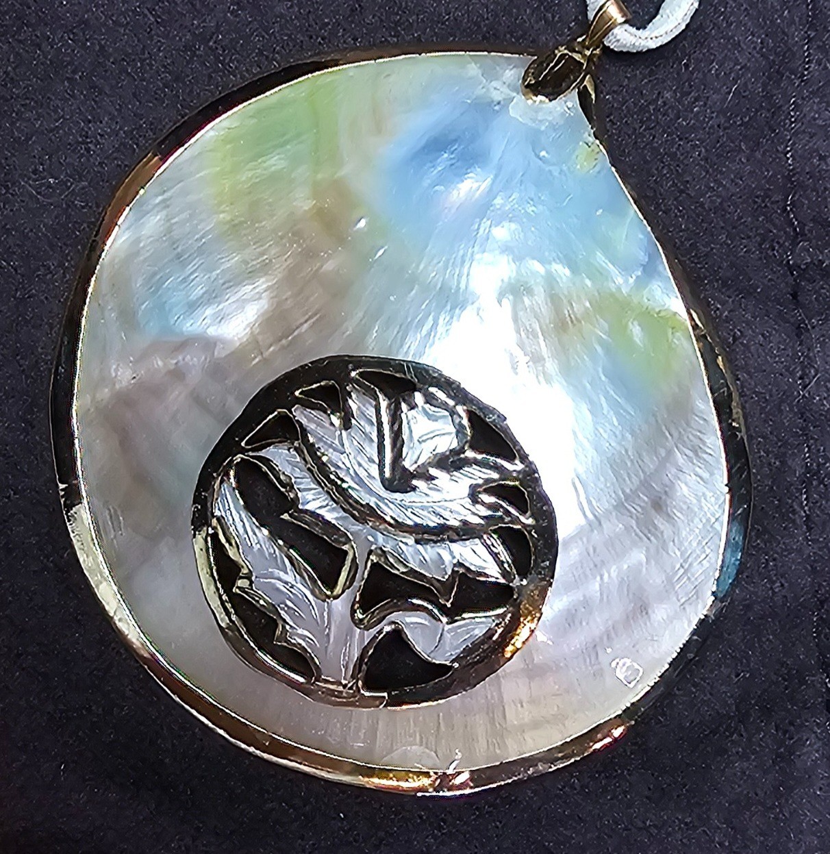 2 Large Mother of Pearl Seashell Necklaces w/Carved, Gilded & Stamped Components