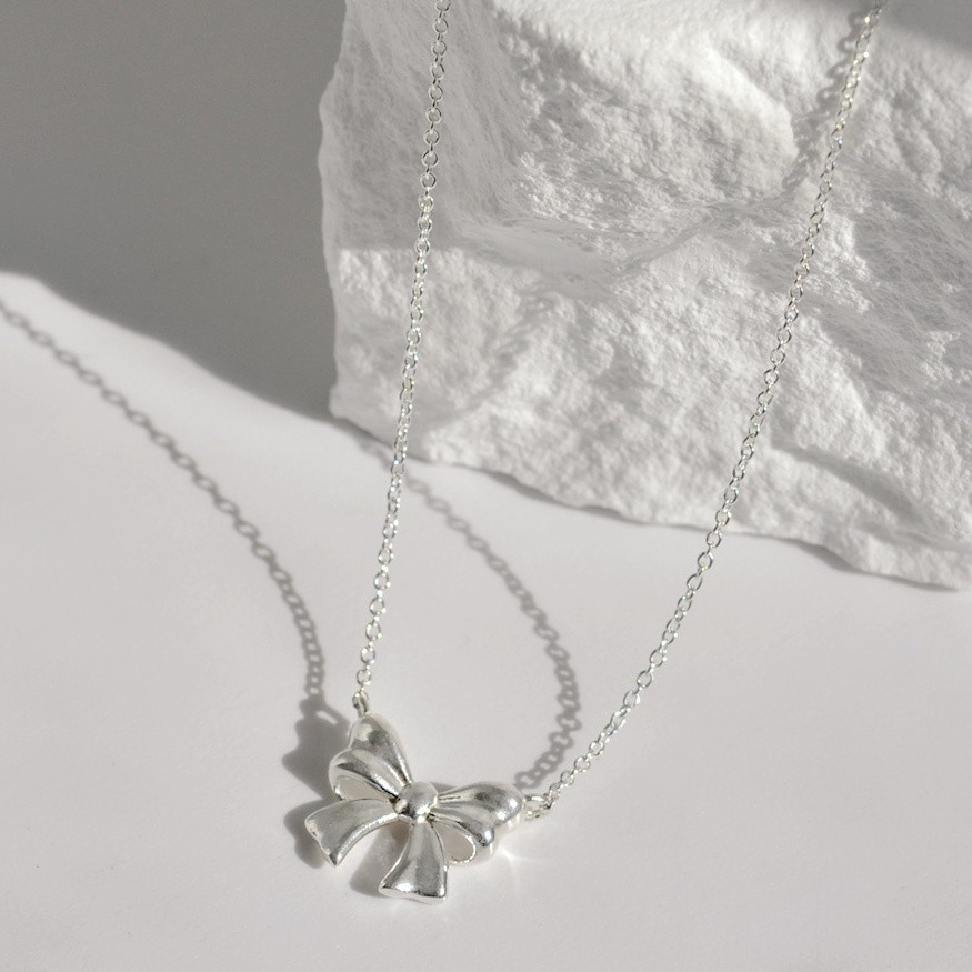 925 Sterling Silver Bow Pendant Necklace Korean Jewelry