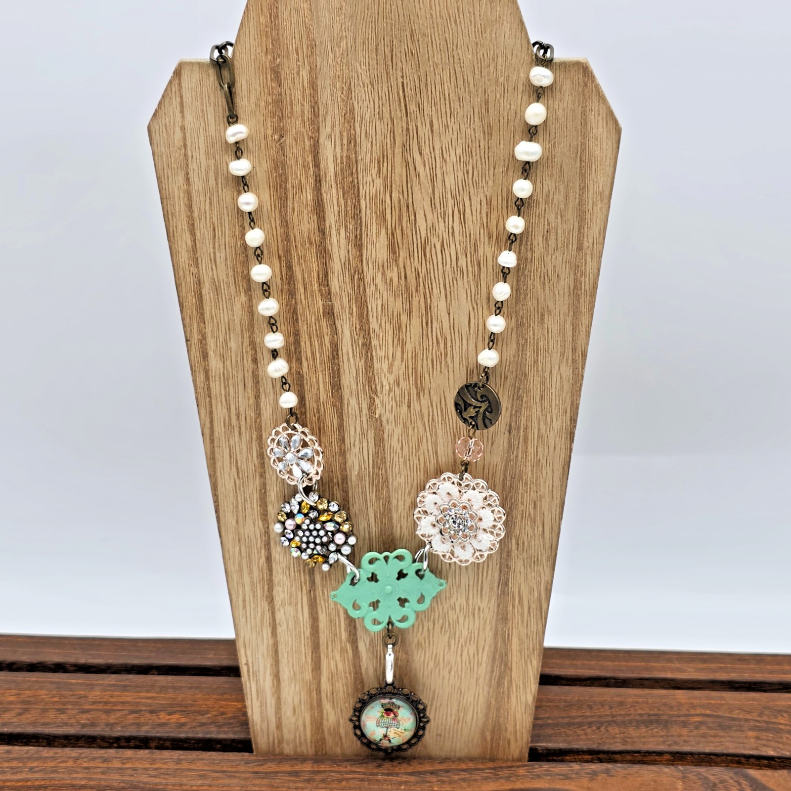 Plunder MARY Antique Bronze Pearl Crystal Flower Dress Mannequin Necklace 20”