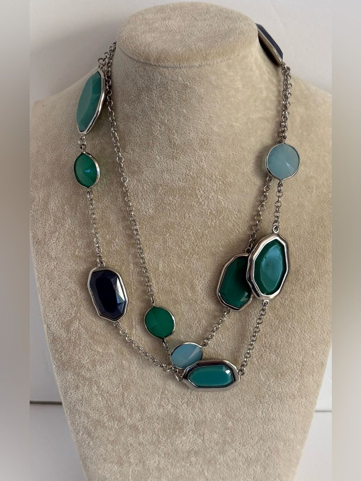 Premier Designs Teal Blue Station Necklace Silver Tone Faceted Stone Necklace