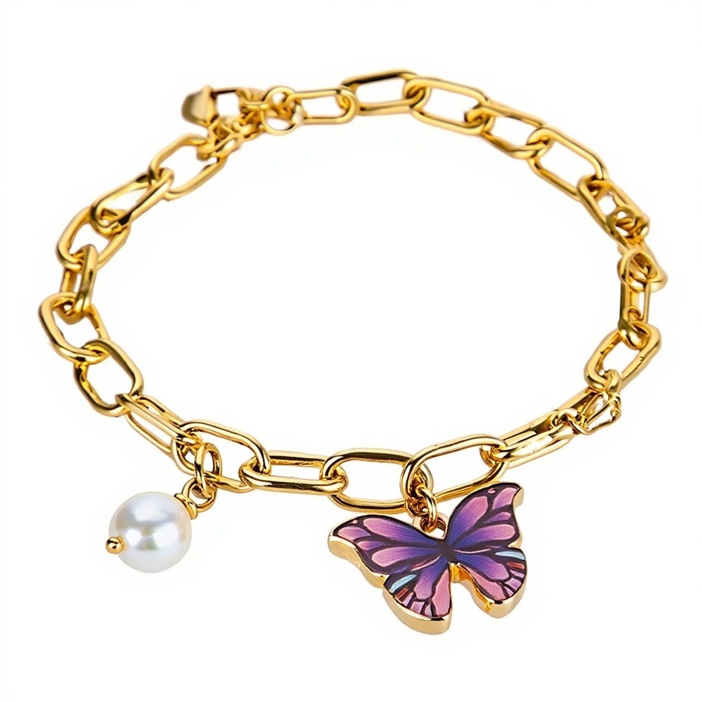 Gold Plated Butterfly Bracelet, Purple Charm & Real Pearl Accent, Dainty Gift