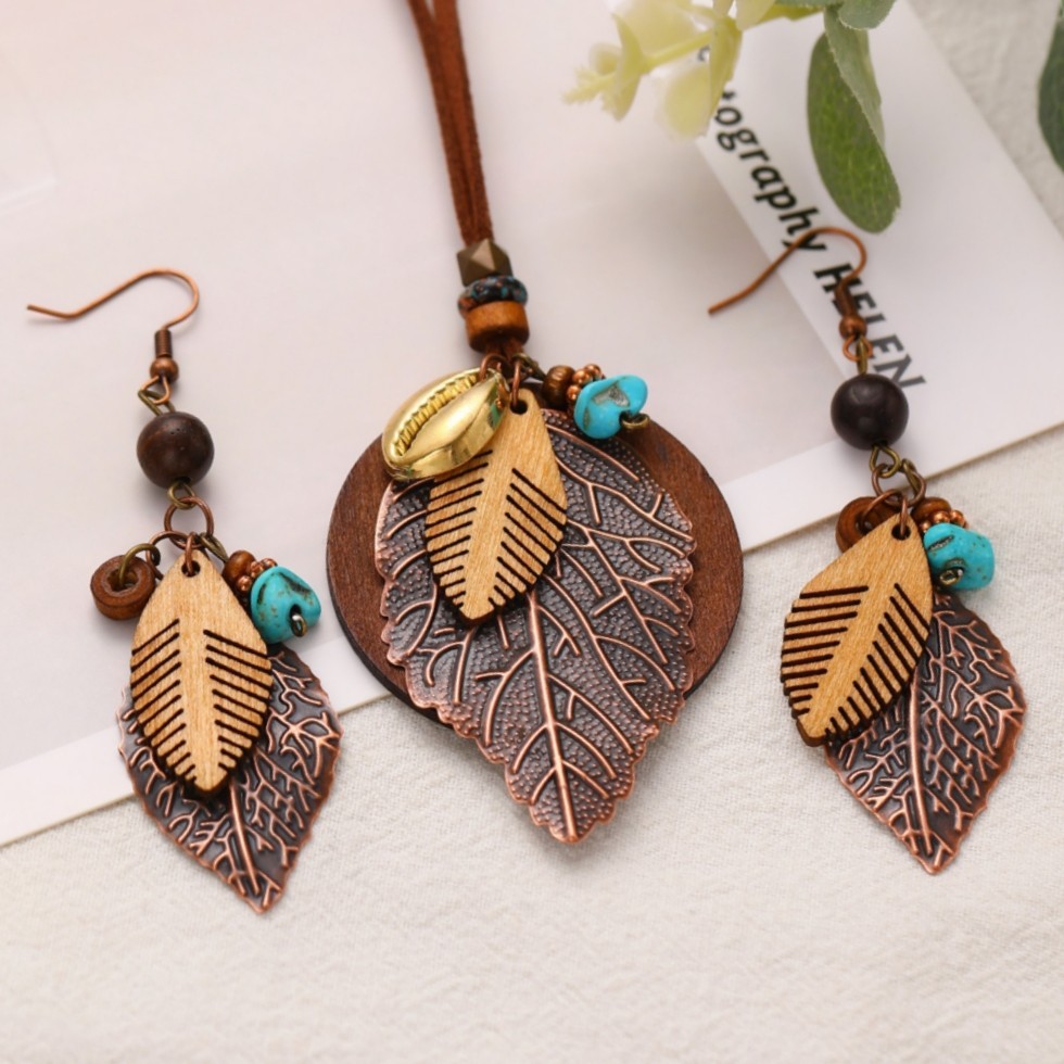 Boho Fashion Alloy Wood Turquoise Multi Combination Pendant PU Cord Necklace set