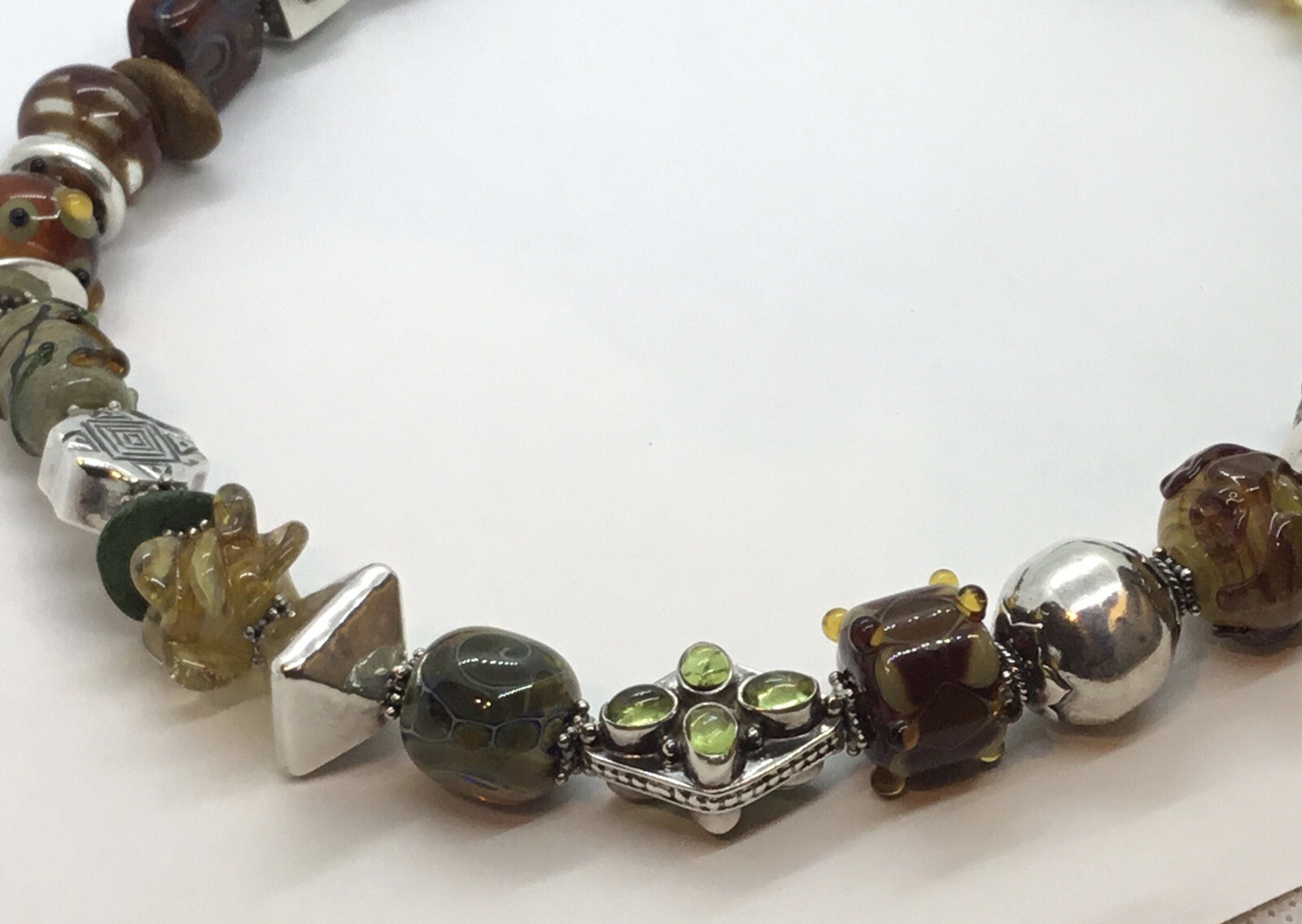 Artisan Necklace, Sterling Clasp, Different Sized Silver & Lampworked Beads, 18”