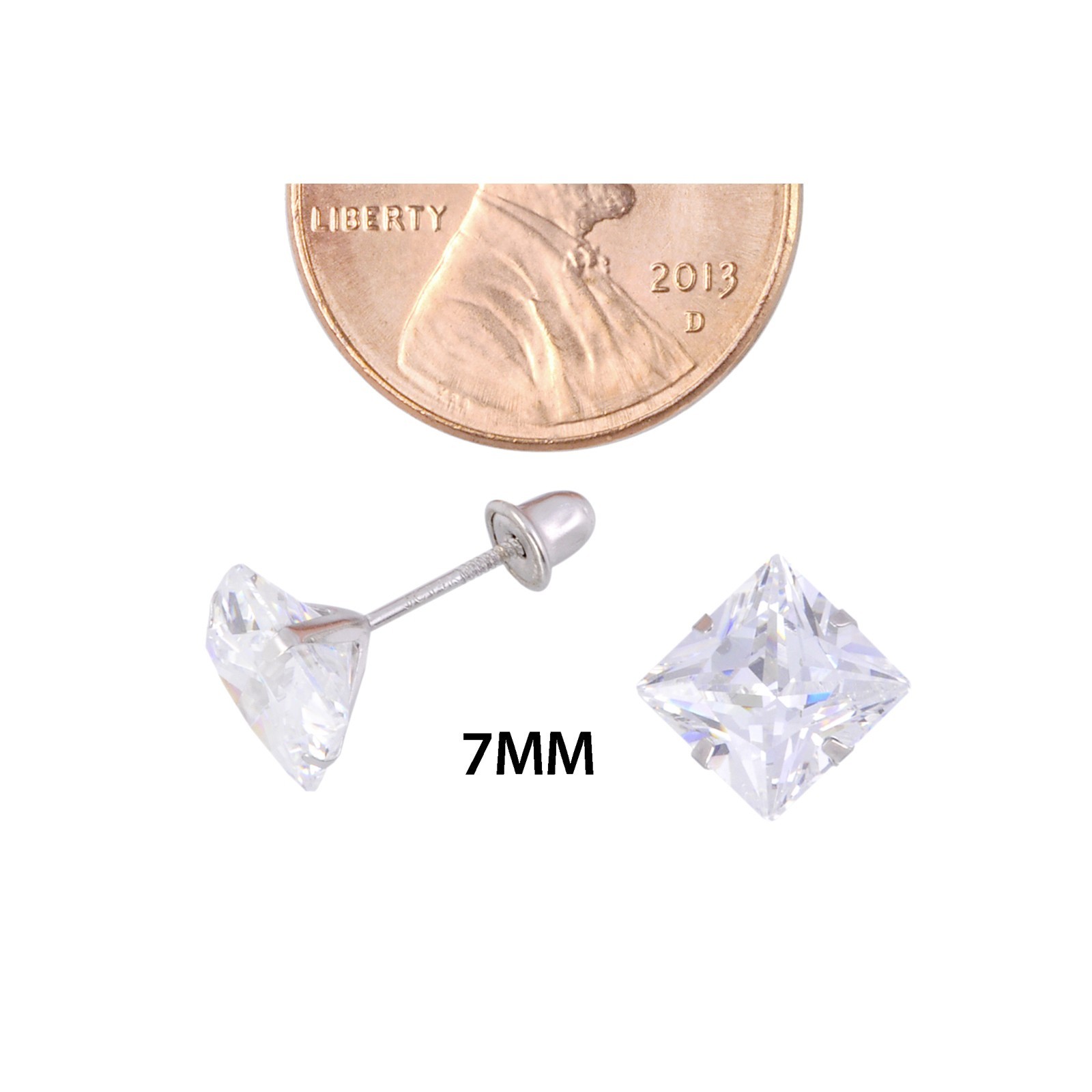 14k White Gold Screwback Stud Earrings Clear Square Princess Cut CZ Prong Set