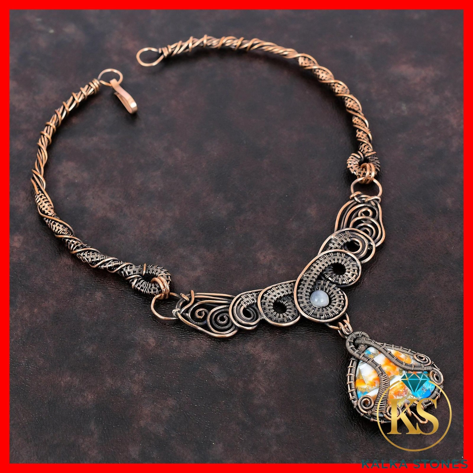 Spiny Oyster Copper Turquoise Stone Rainbow Moonstone Hook Chain Necklace Copper