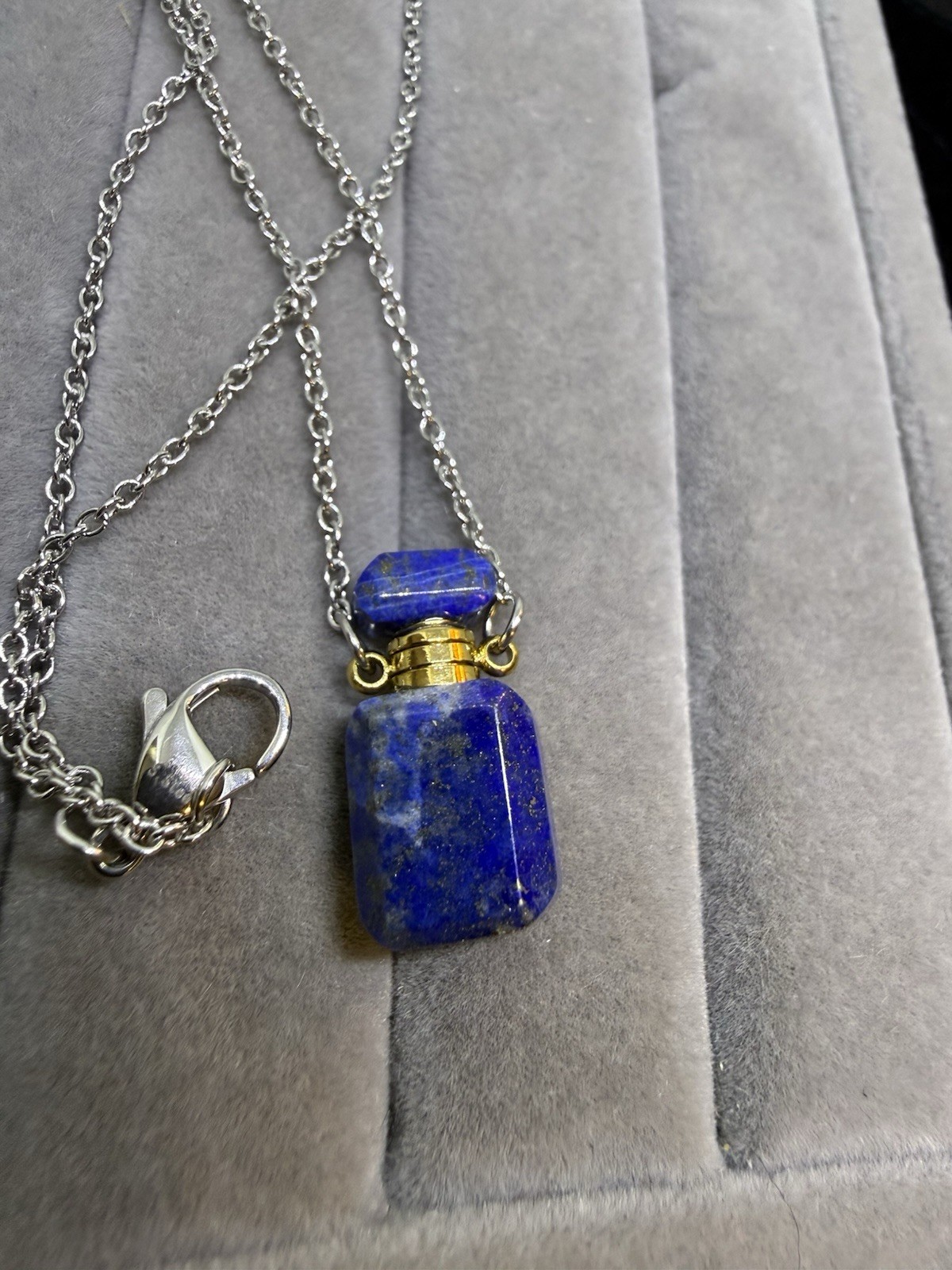 Lapis Lazuli Pendant Necklace, 20 Inches In Stainless Steel, Perfume Bottle