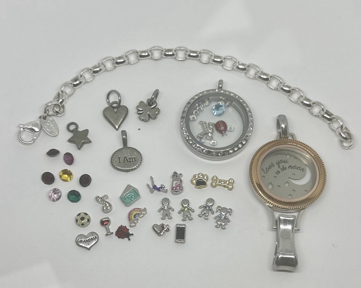 Origami Owl Lot Silver and Rose Gold Tones Bracelet Badge Holder 40 Charms/Gems