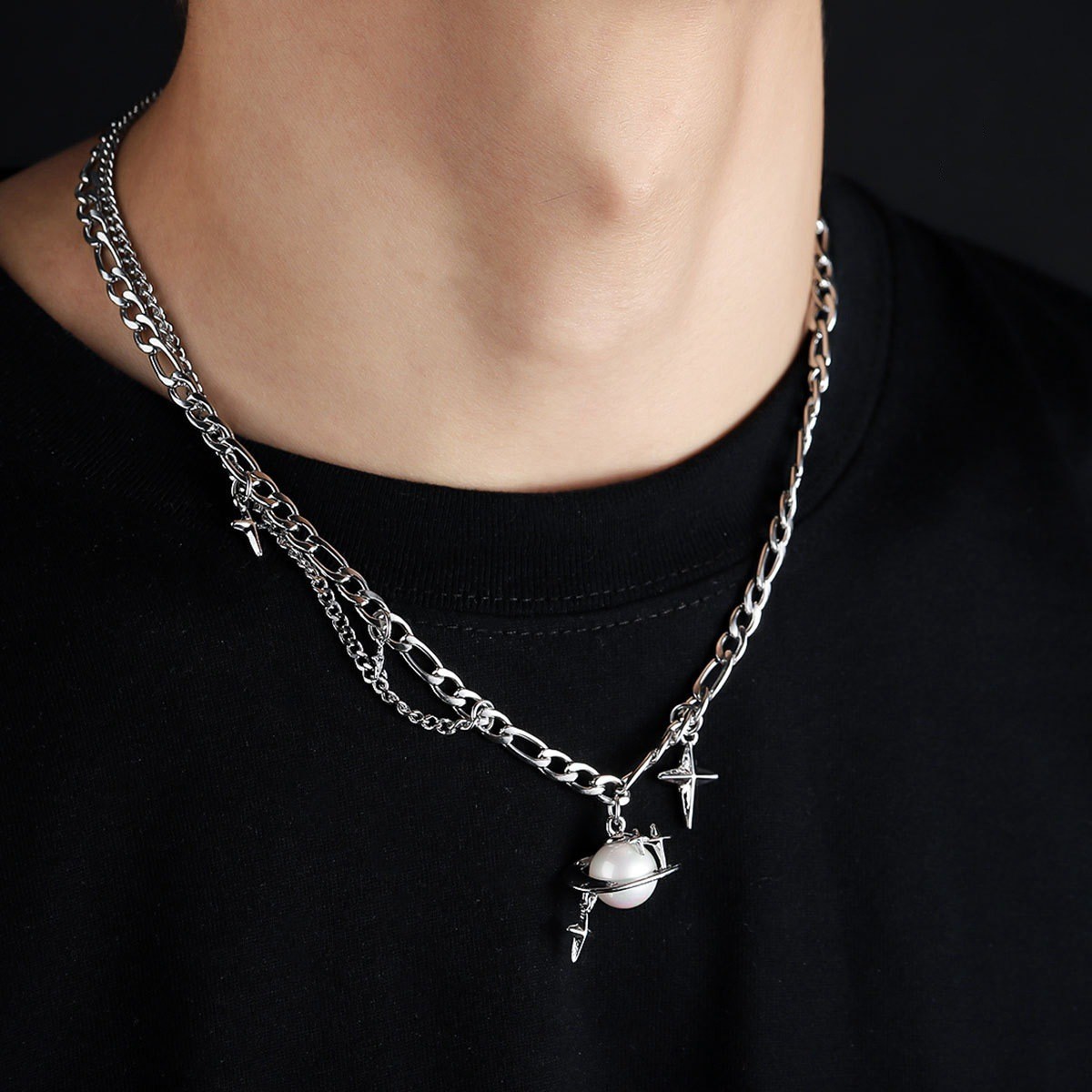 Silver Stainless Two Layer Planet Star Necklace Saturn Minimal Men Stack Jewelry