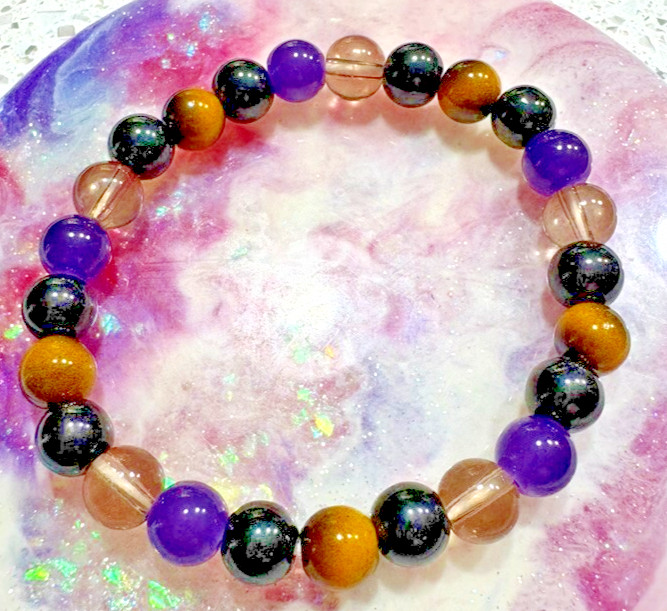 Crystal Ladies Beaded Stretch Bracelet – Amethyst, Tiger Eye & Onyx, Protection