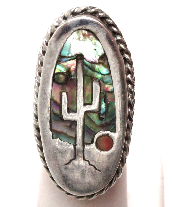 1970 Vintage Sterling Silver Hopi Zuni Inlaid Abalone Sunset Cactus Ring