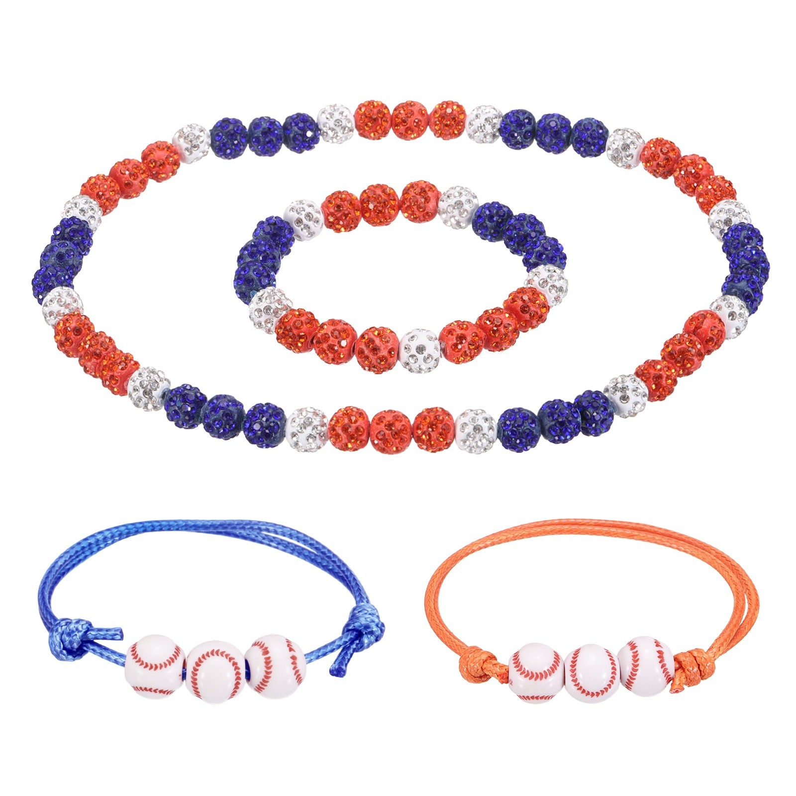 4Pcs Baseball Necklace Set 7″ Bling Beaded Chain 18″ Bracelet Orange/Blue