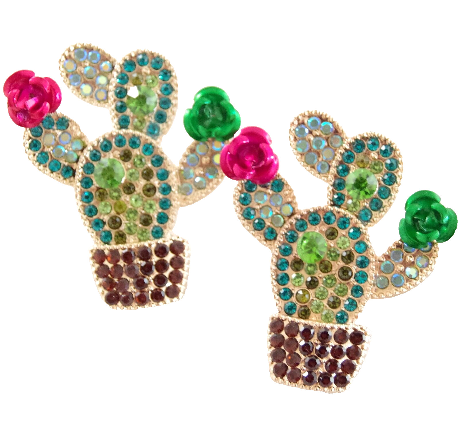 1.75″ BETSEY JOHNSON CRYSTAL RHINESTONE CACTI w 3D METAL CACTUS FLOWERS EARRINGS