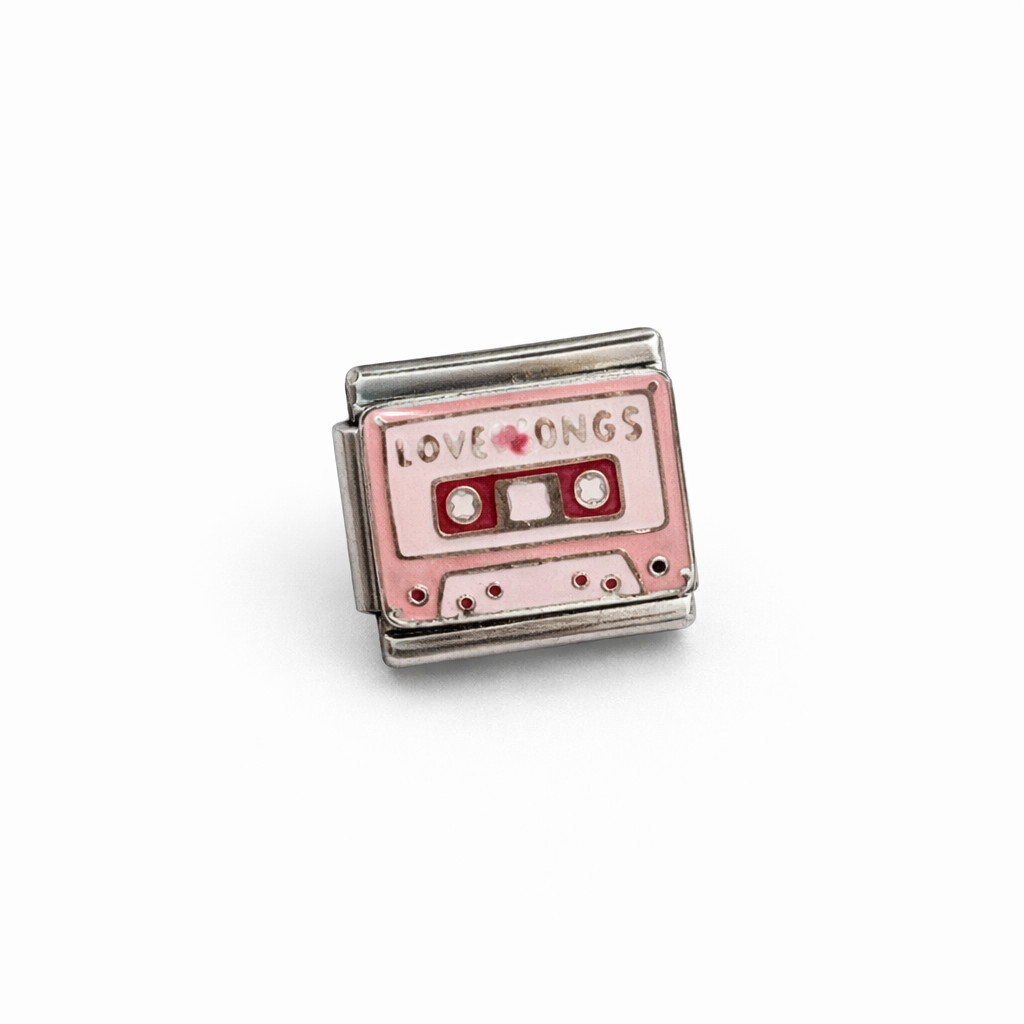 Italian Charm Link 9mm Silver Pink Retro Cassette Tape Love Songs Fit Nomination