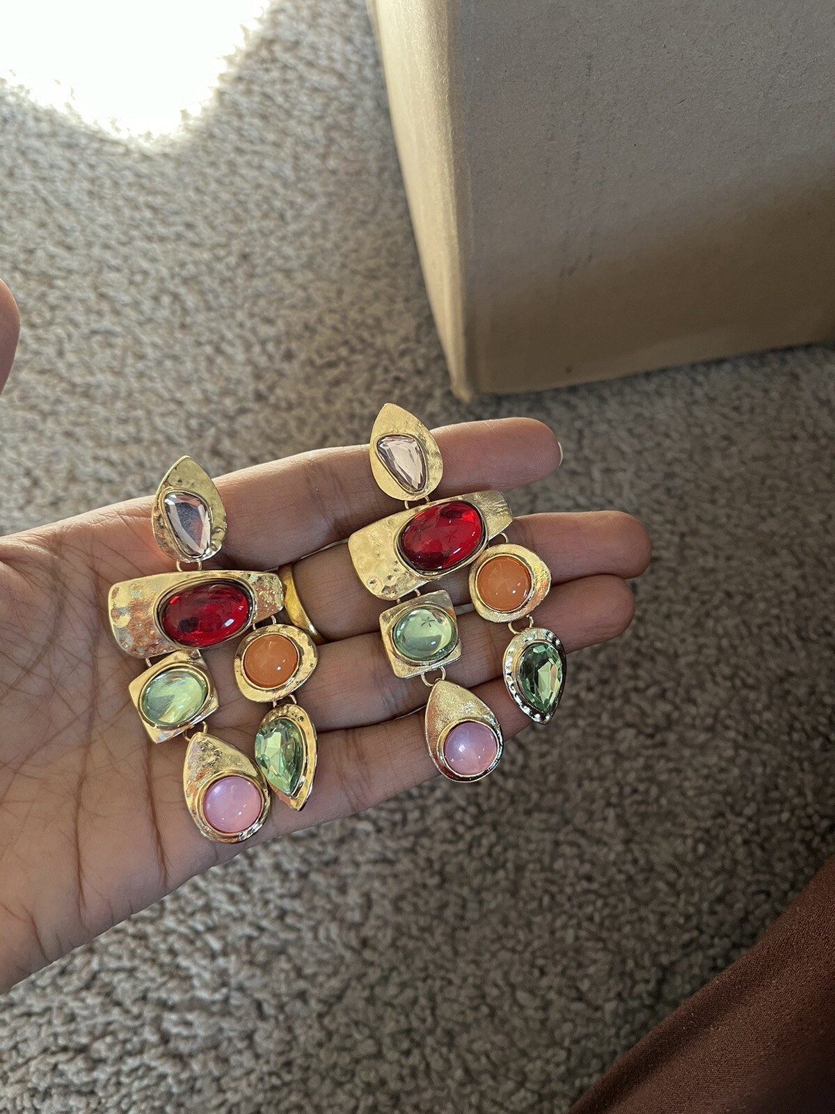 Gold Earrings Large Big Dangle Long Statement Red Orange Vintage Style Wedding