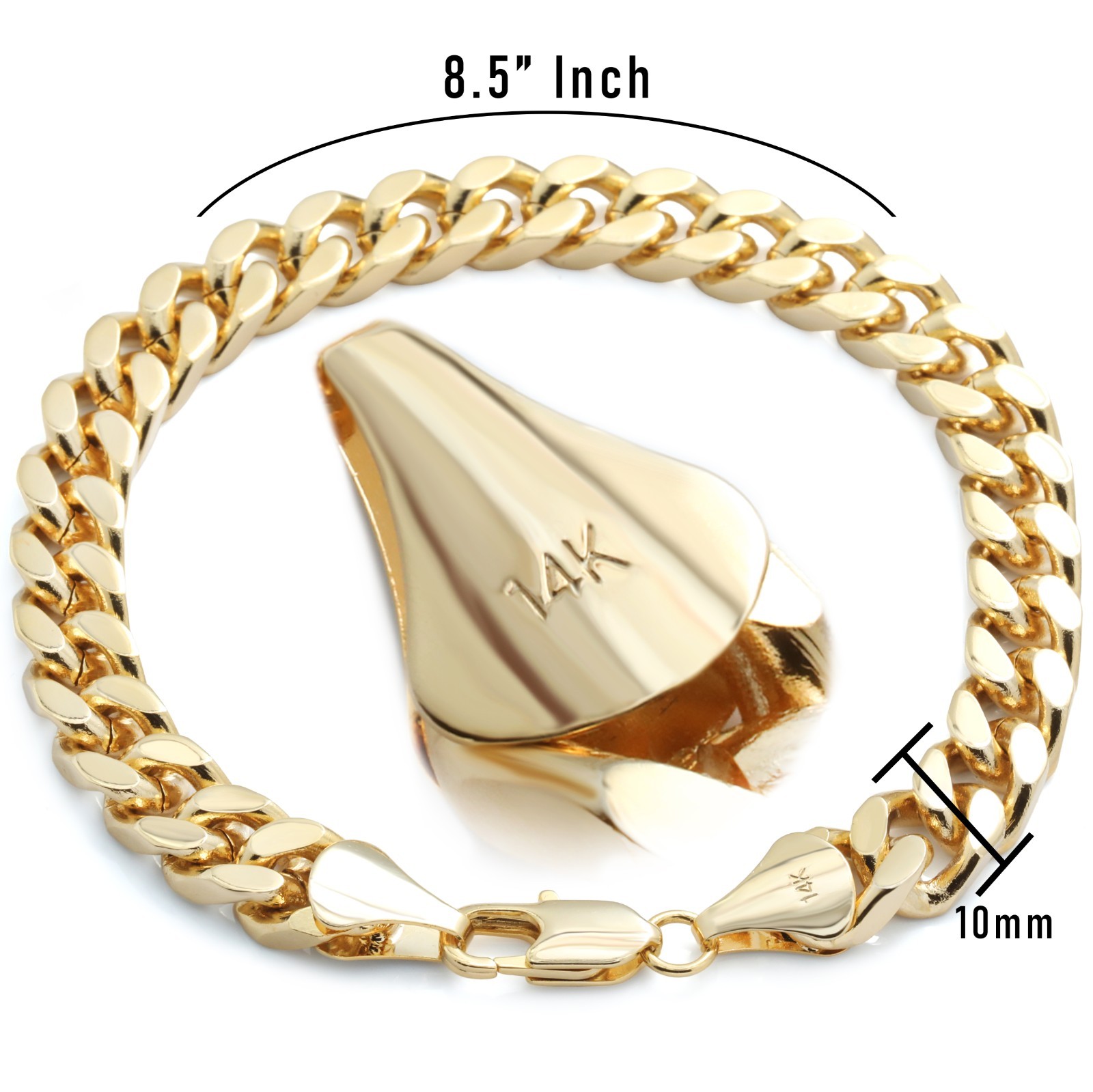 Solid Cuban Link Chain 10mm Bracelet 8.5″in | 14K Gold Plated HipHop Men Fashion