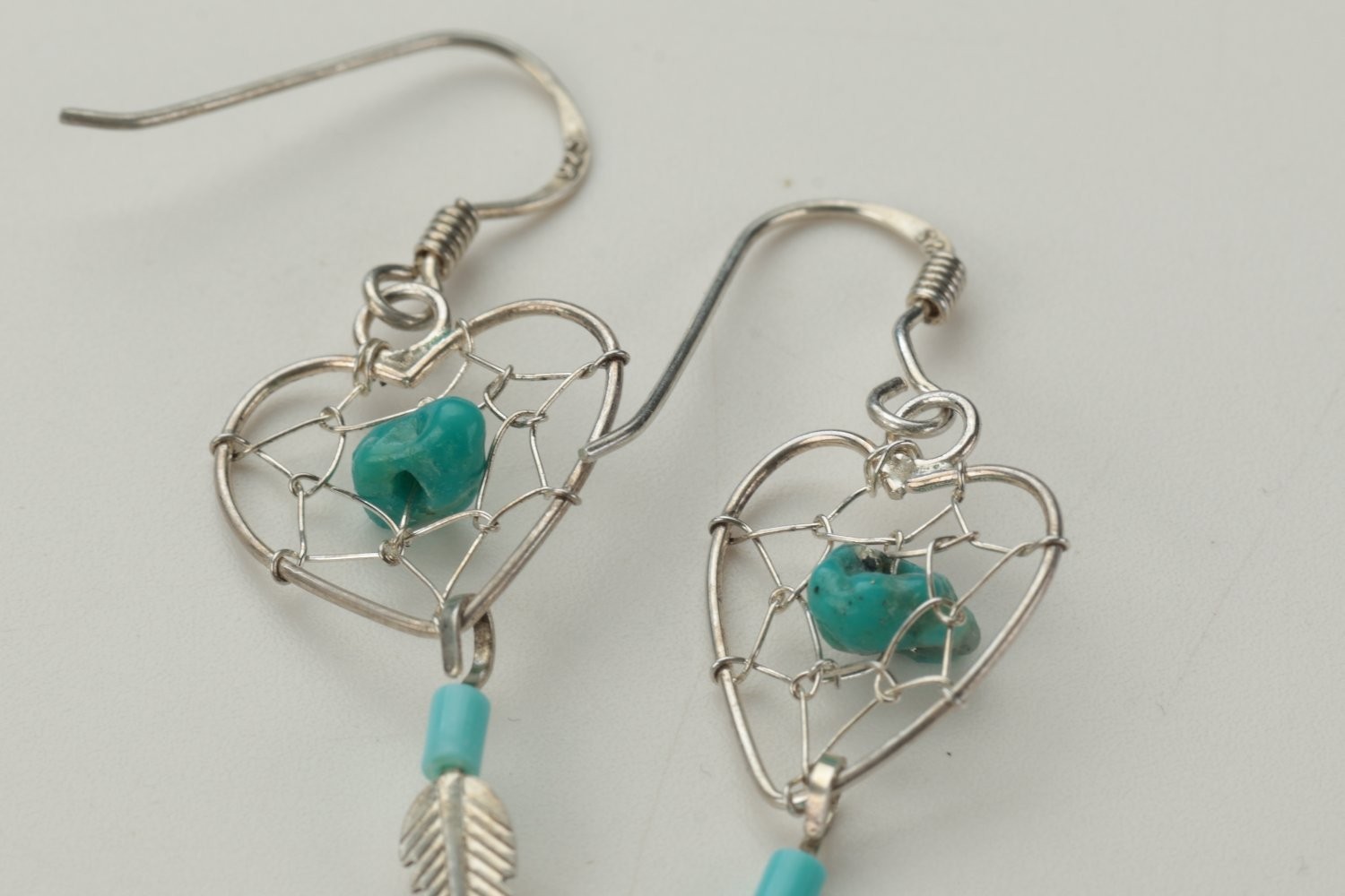 Earrings Small Silver Sterling Dangling Feather Charms Turquoise Dreamcatcher