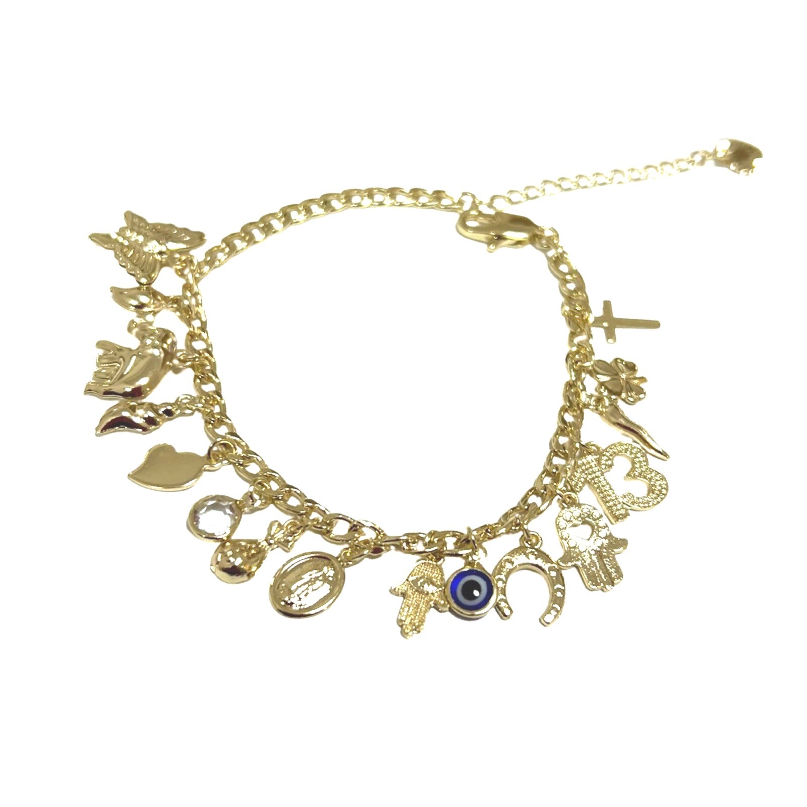 Lucky Charm Bracelet 7” Adjustable, Gold Filled Italian Horn,Butterfly,Elephant