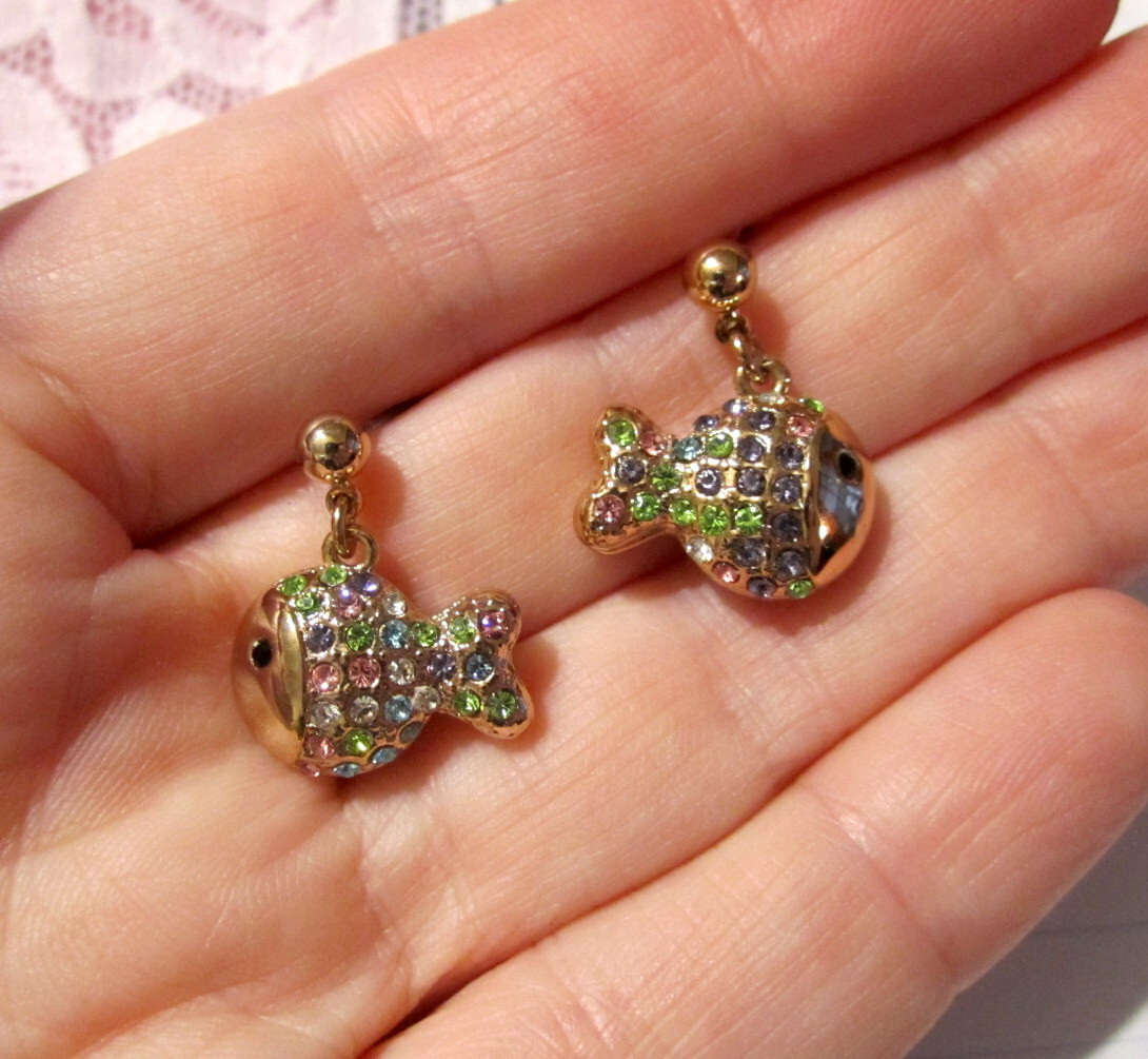 Crystal Fish Earrings – Multi Color Czech Crystals – GOLD
