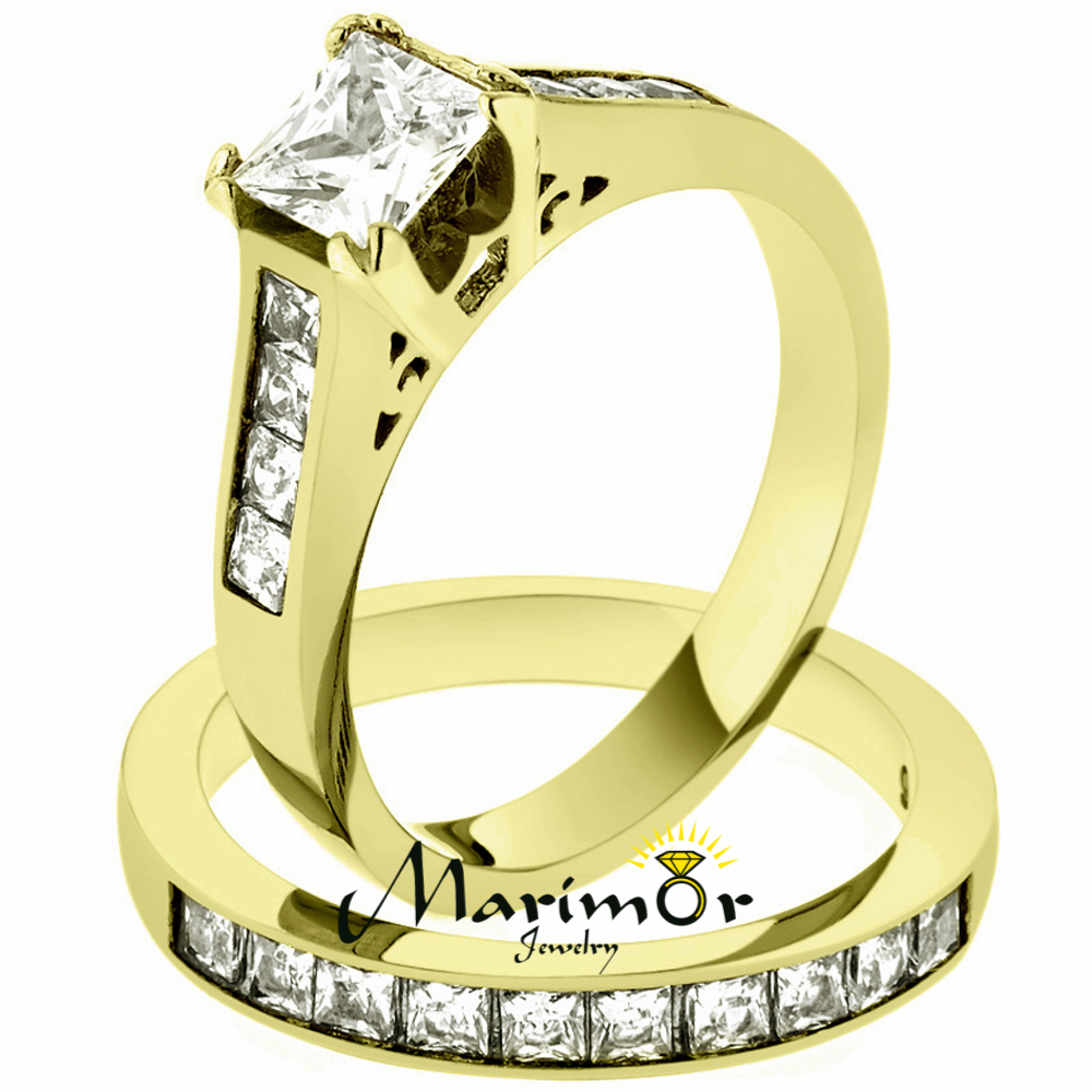 STAINLESS STEEL 2.50 CT PRINCESS CUT ZIRCONIA 14K GOLD PLATED WEDDING RING SET