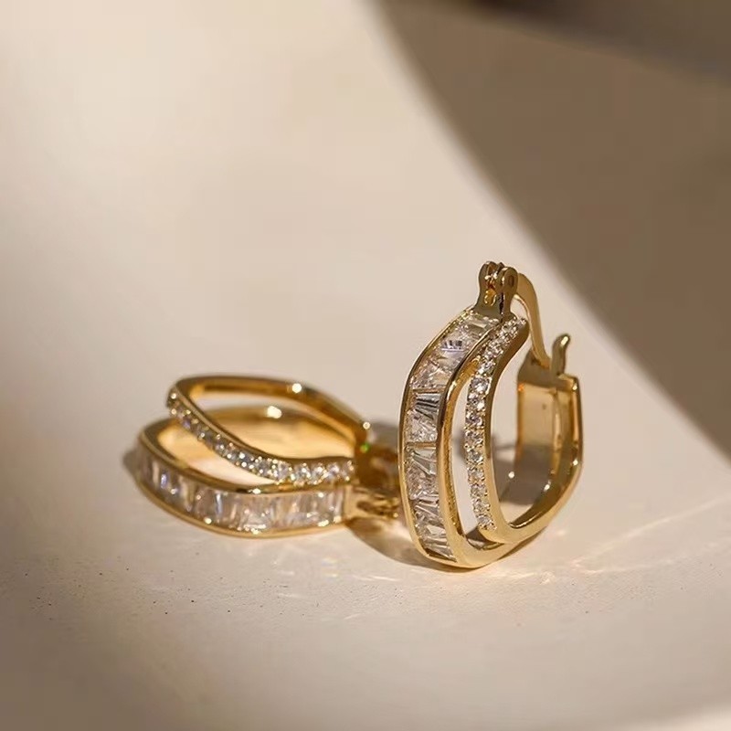 Fashion Woman 18k Gold Plated 2 Layers CZ Square Earring Stud