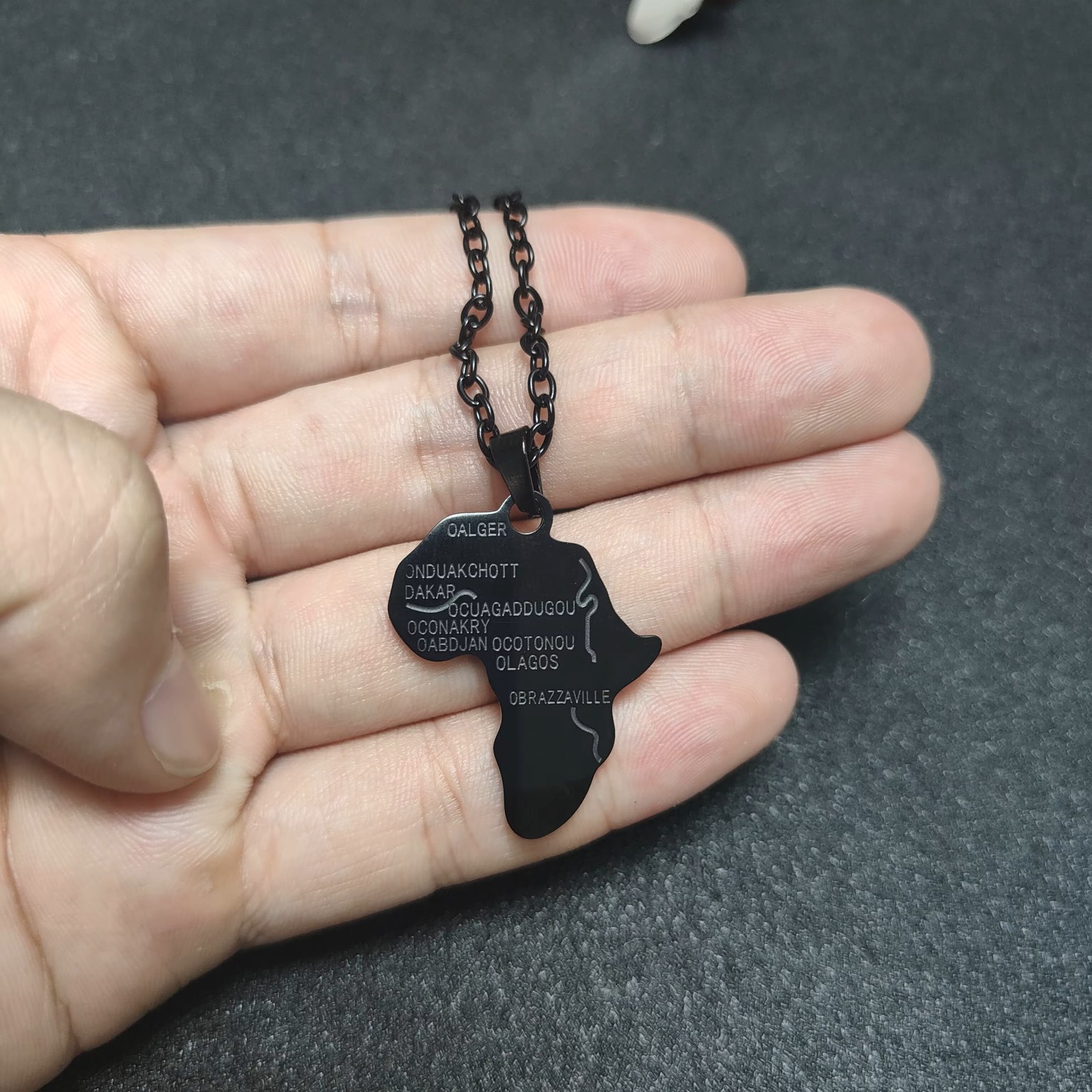 Black Africa Map Pendant Necklace, Capital Cities Stainless Steel Jewelry