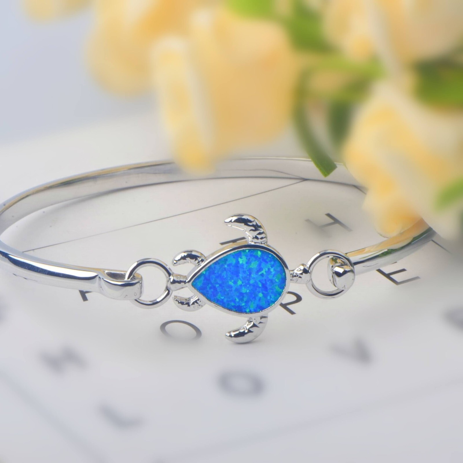 Hawaii Blue Opal Beach Turtle Cuff Bangles 925 Sterling Sliver Jewelry For Women