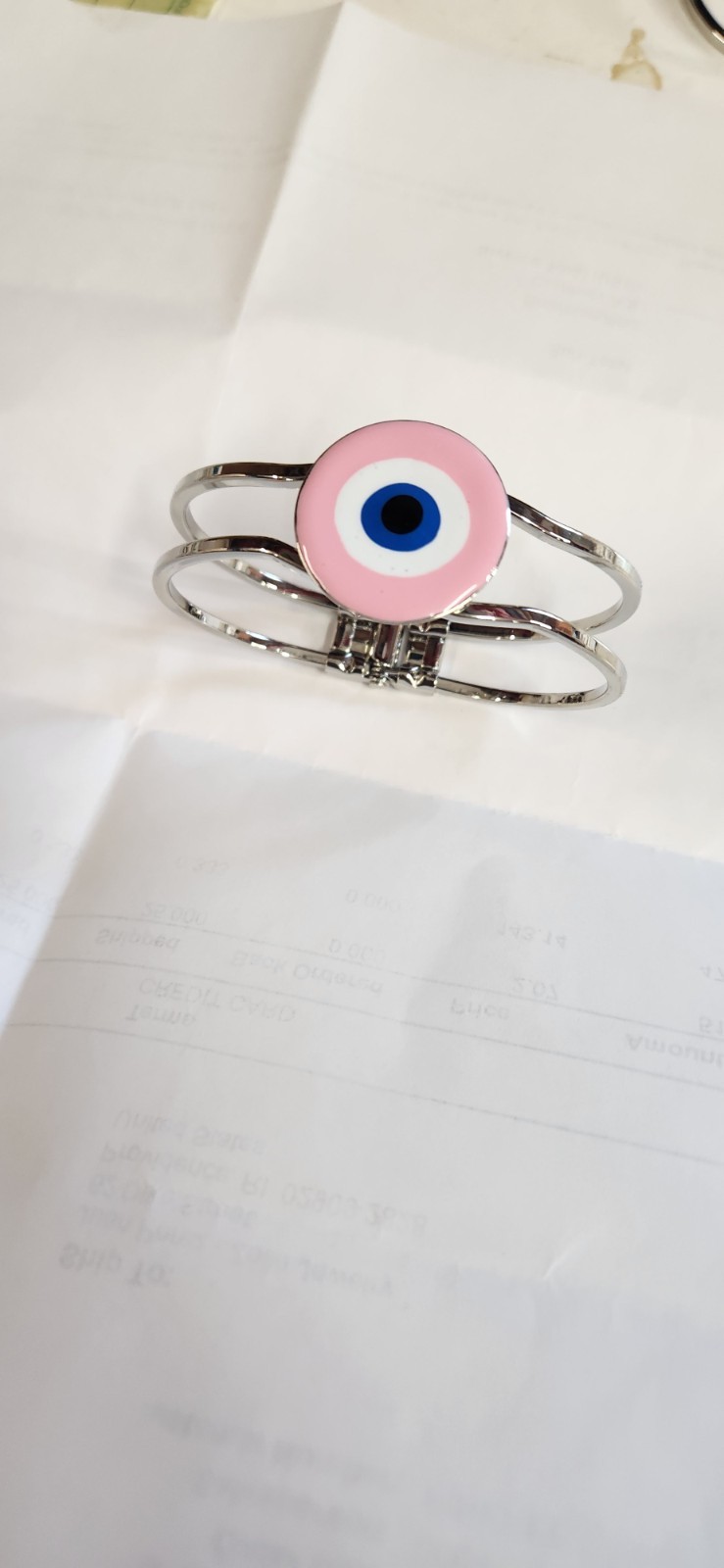 Stackable Silver Tone Enamel Evil Eye Bangle Bracelet w/ Pink Dangle Charm