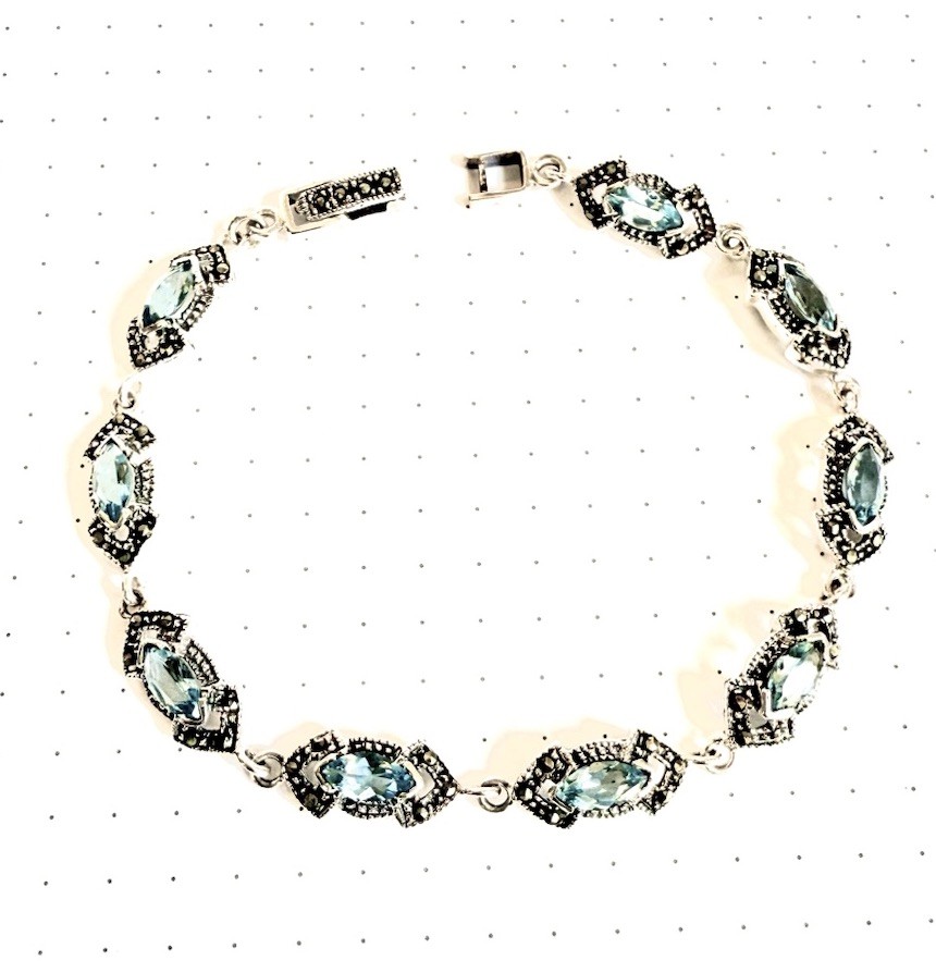 Exquisite BLUE TOPAZ STONES BRACELET Marcasite .925 STERLING SILVER (7.25-in L)