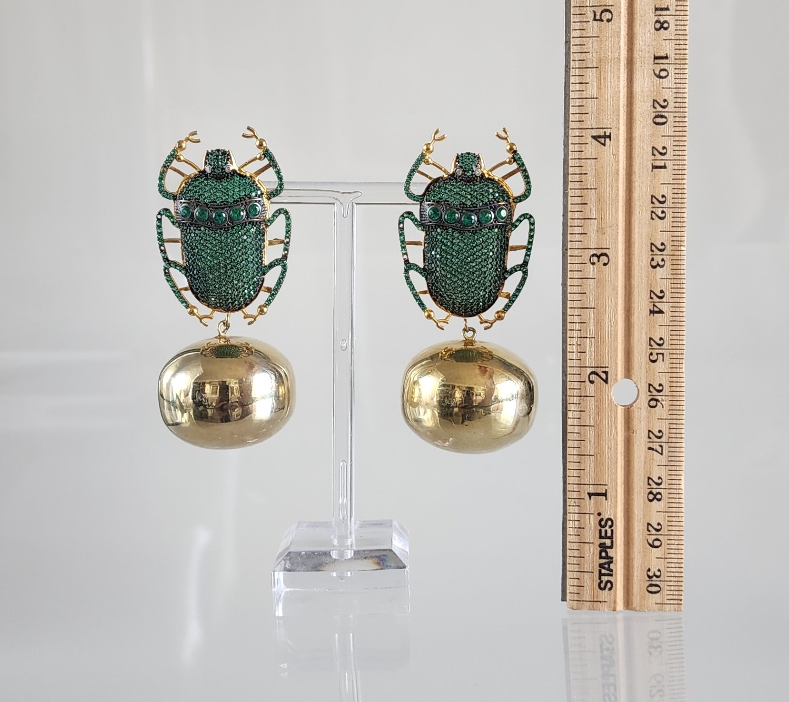 Oversized Beetle Earrings Gold Plated & Pave Simulated Emerald Begum Khan Style
