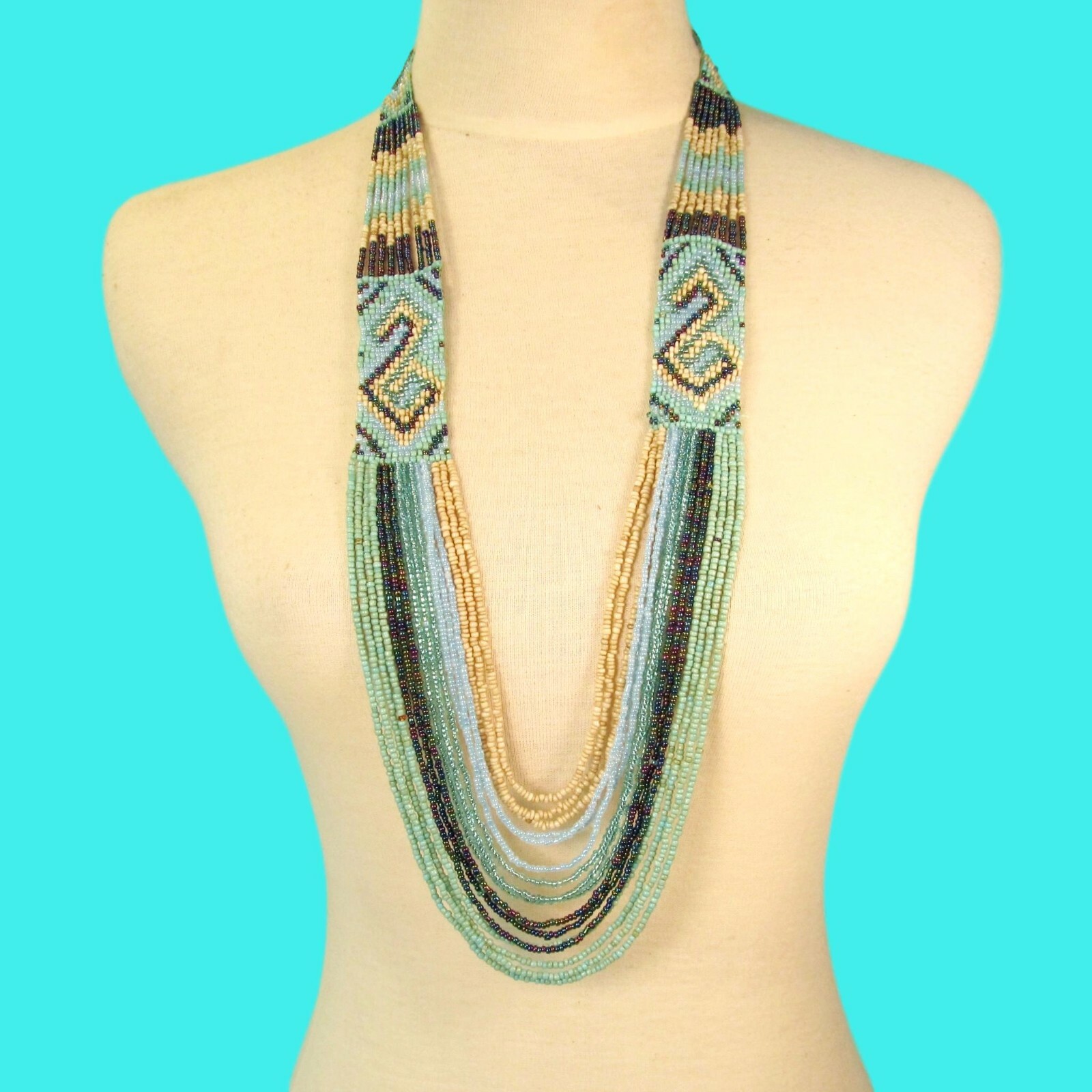 34″ Waterfall Aqua Blue Multi Strand Handmade Seed Bead Statement Necklace