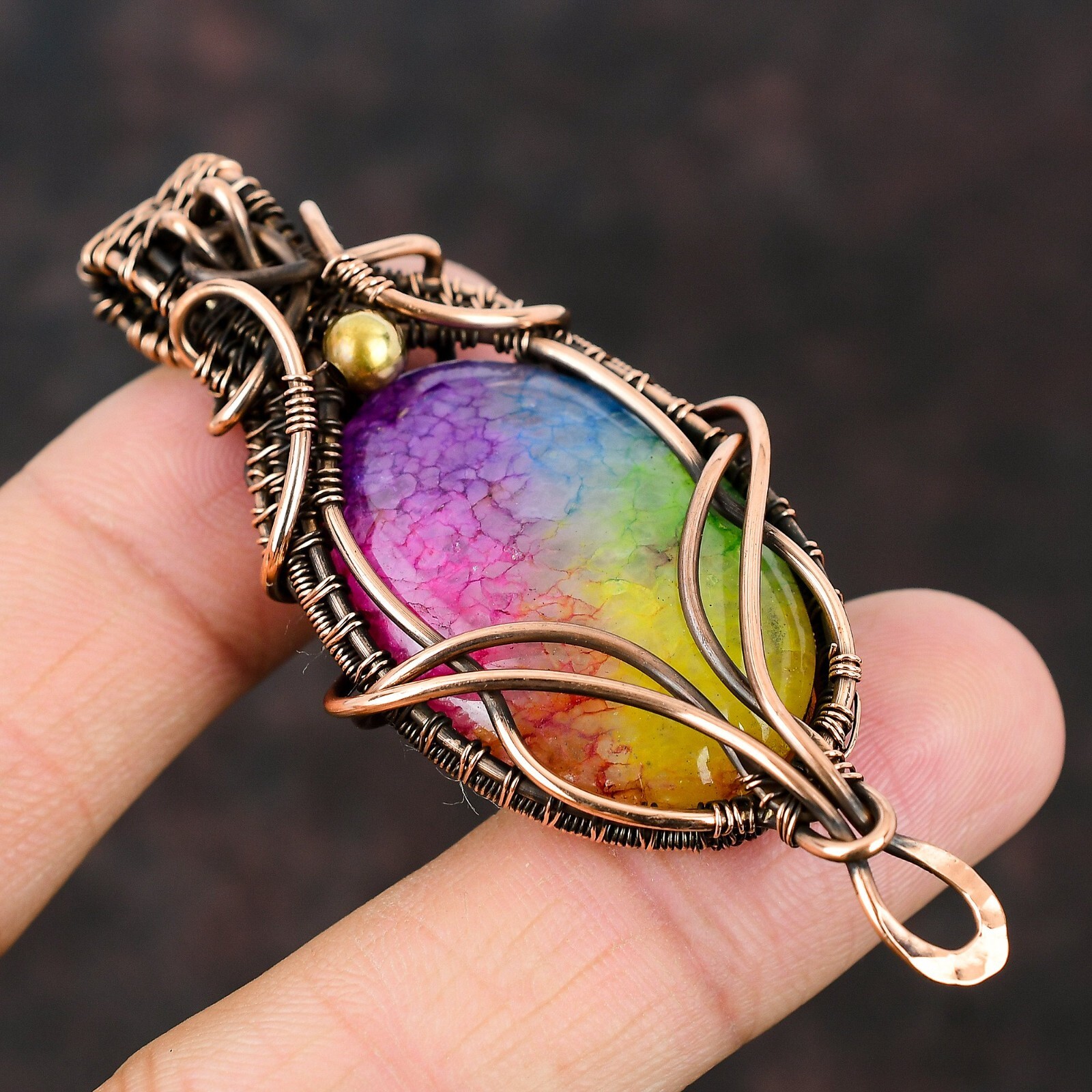 Rainbow Solar Quartz Druzy Jewelry Copper Wire Wrapped Pendant For Girls 2.83″