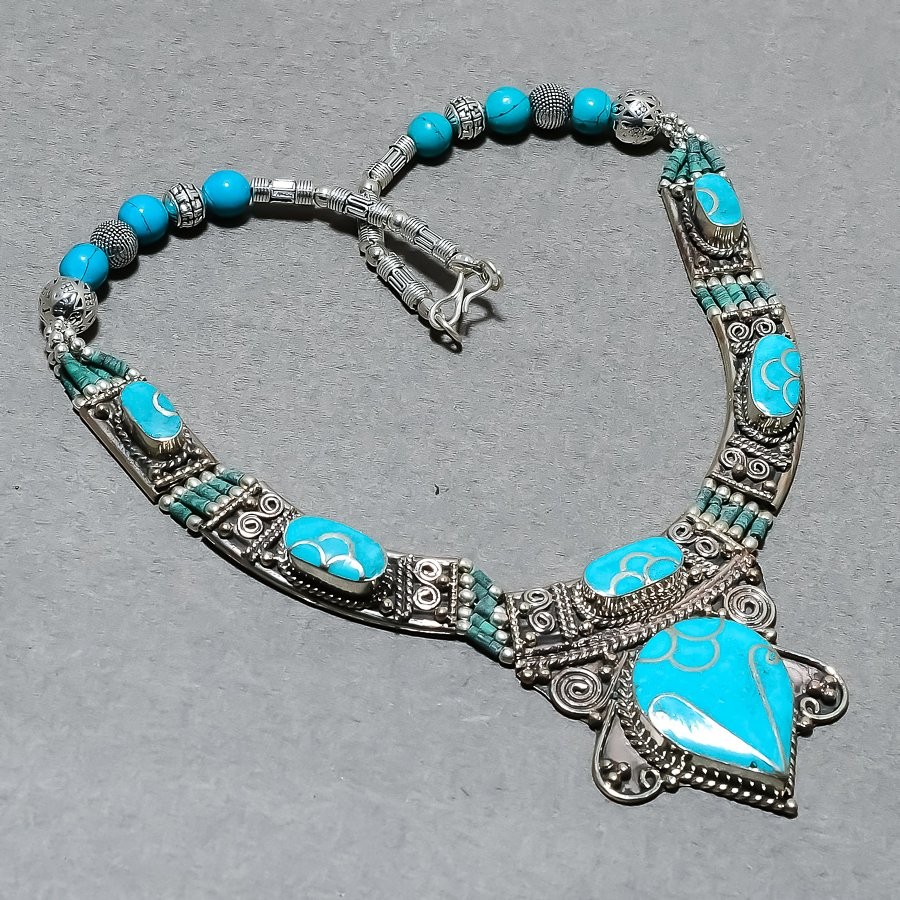 Tibetan Turquoise & Malachite Handmade Bahamas Nepali Jewelry Necklace 18″ SR135