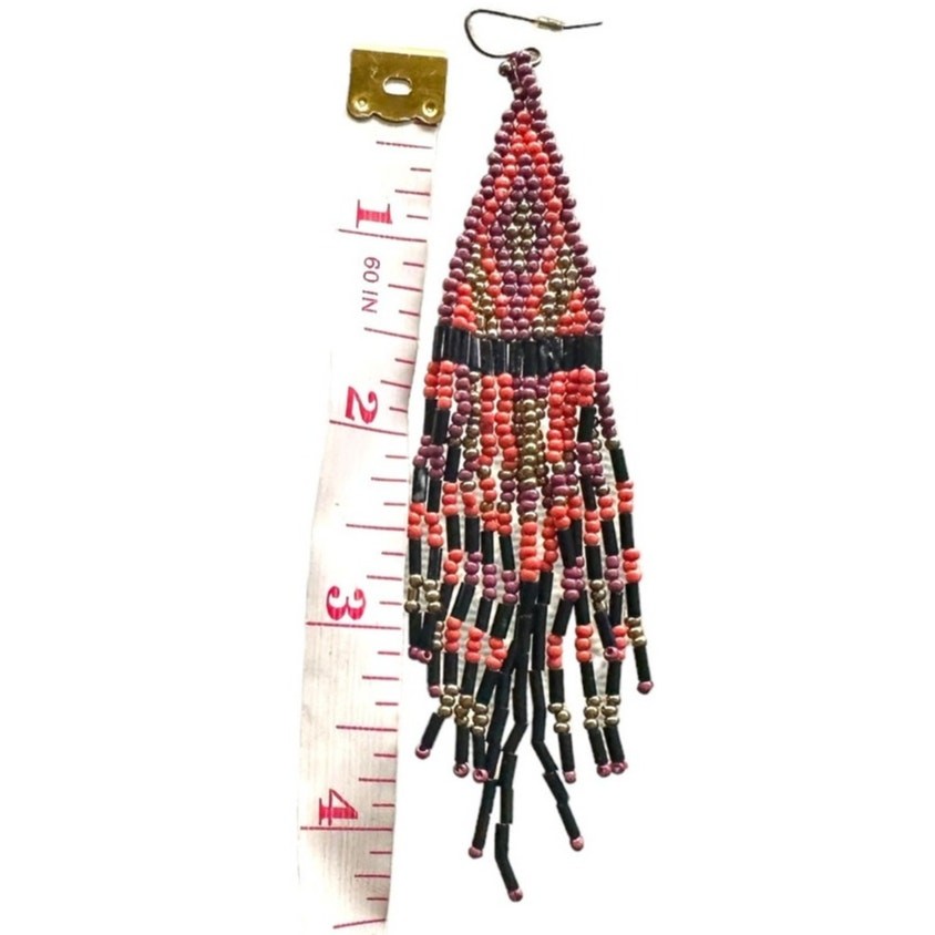 Boho Handmade OOAK Beaded Hanging Earrings Long Lightweight Pink Orange Black
