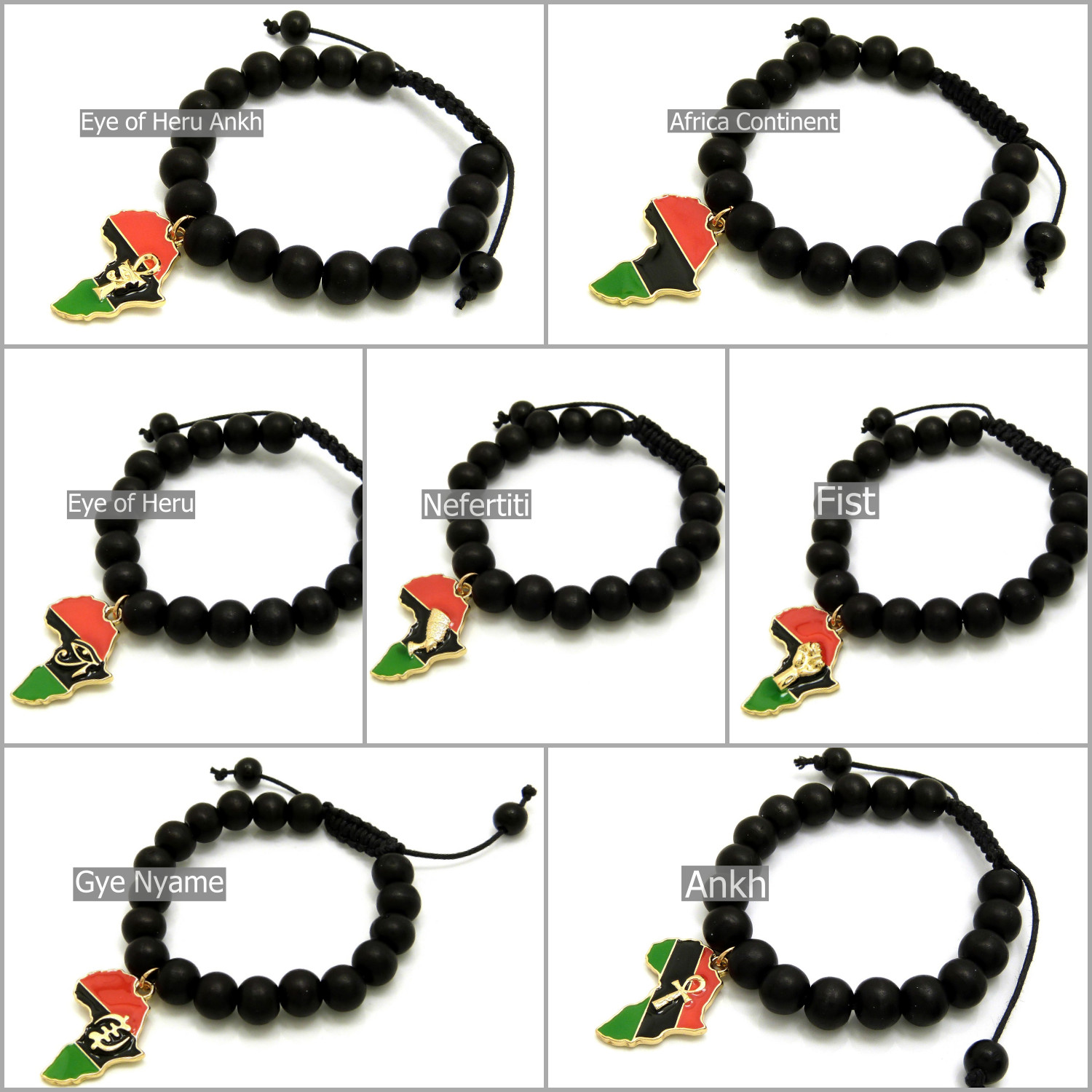 Fist, Africa Map, Egypt Ankh Charm Adjustable 10mm Wooden Bead Hip Hop Bracelet