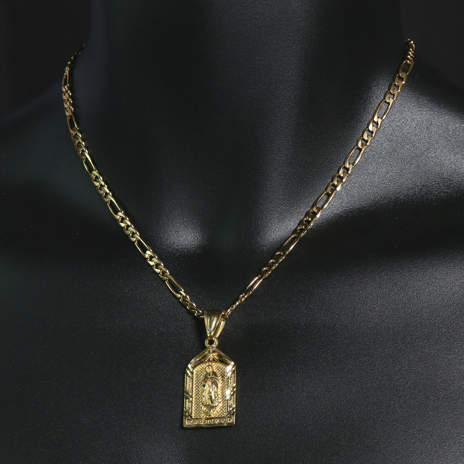Virgin Mary Temple 14k Gold Plated Brass Pendant 18″ Figaro Choker Chain
