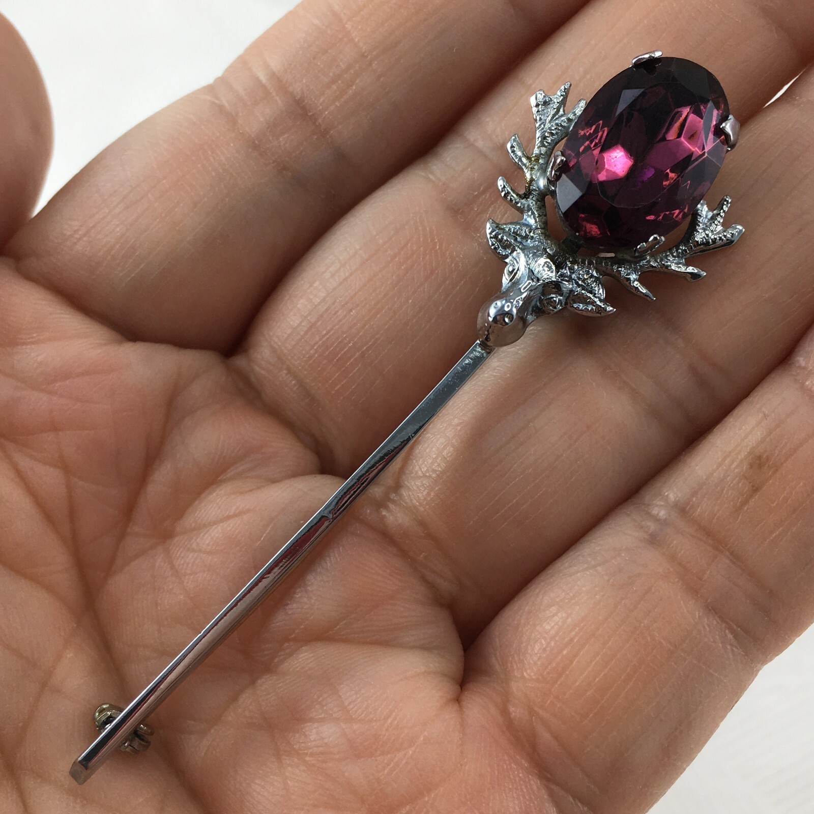 MIZPAH Celtic Scottish Thistle Purple Rhinestone Silver Tone Brooch Pin TRACKED