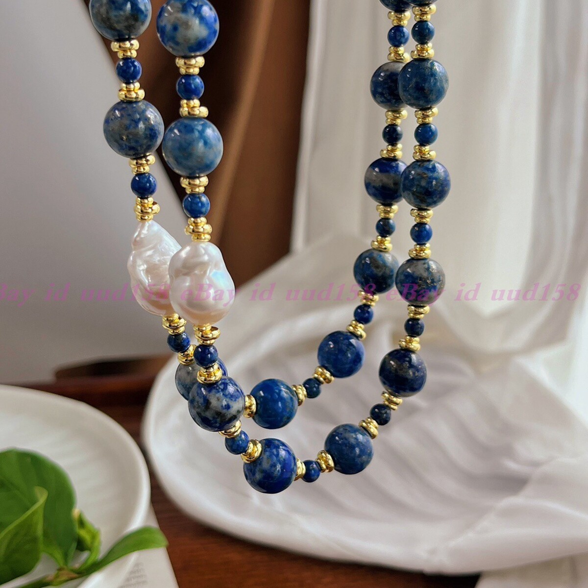 Natural 6-12mm Blue Lapis Lazuli White Keshi Baroque Pearl Pendant Necklace
