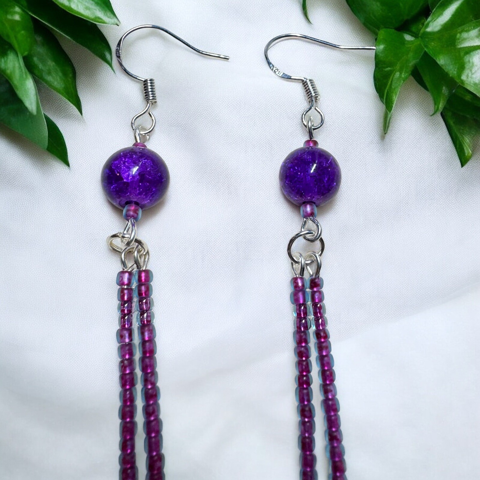 Purple Seed Bead Crackle Glass Beaded Dangle Drop Stick Earrings 3.25” Long