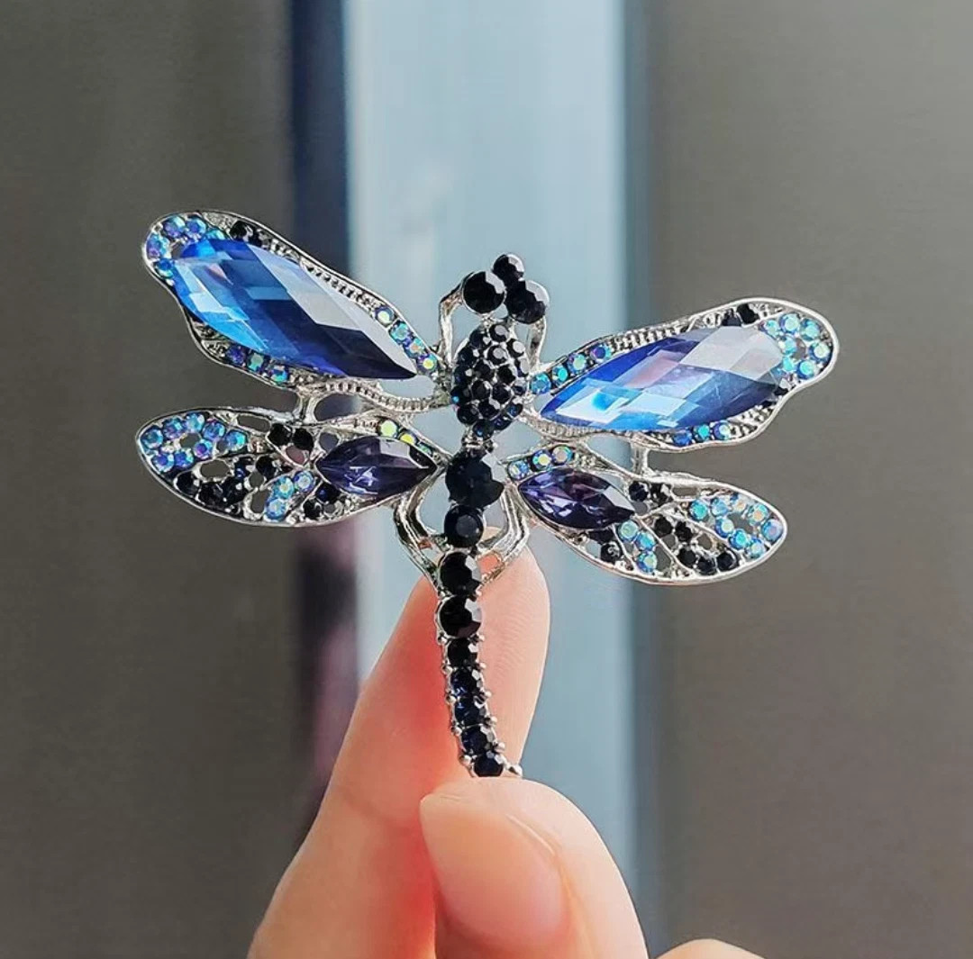 Blue Dragonfly Brooch Pin Rhinestone Crystal Insect Silver Tone Vintage Style