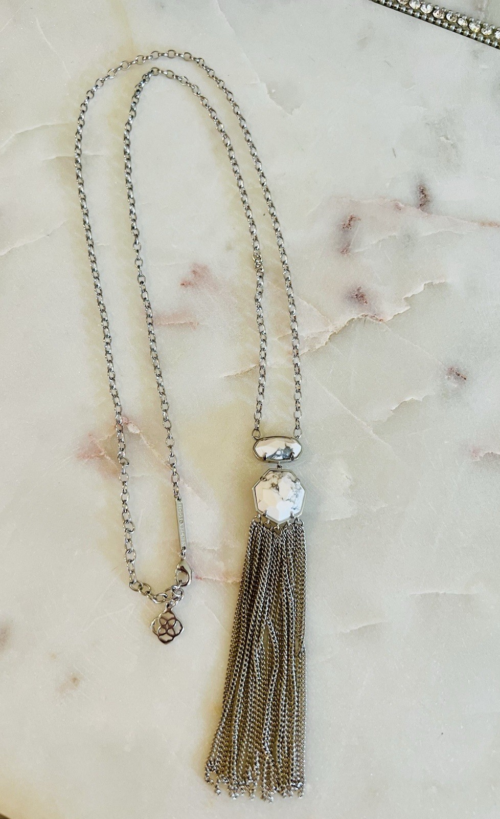 Kendra Scott Tae Long Necklace, Silver with a white howlite pendant and tassel