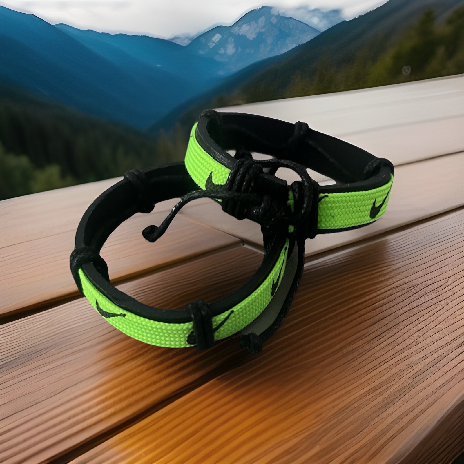 Nike Unisex Sports Leather Cord Tribal Bracelet Wristband Green With Black 2 Pcs