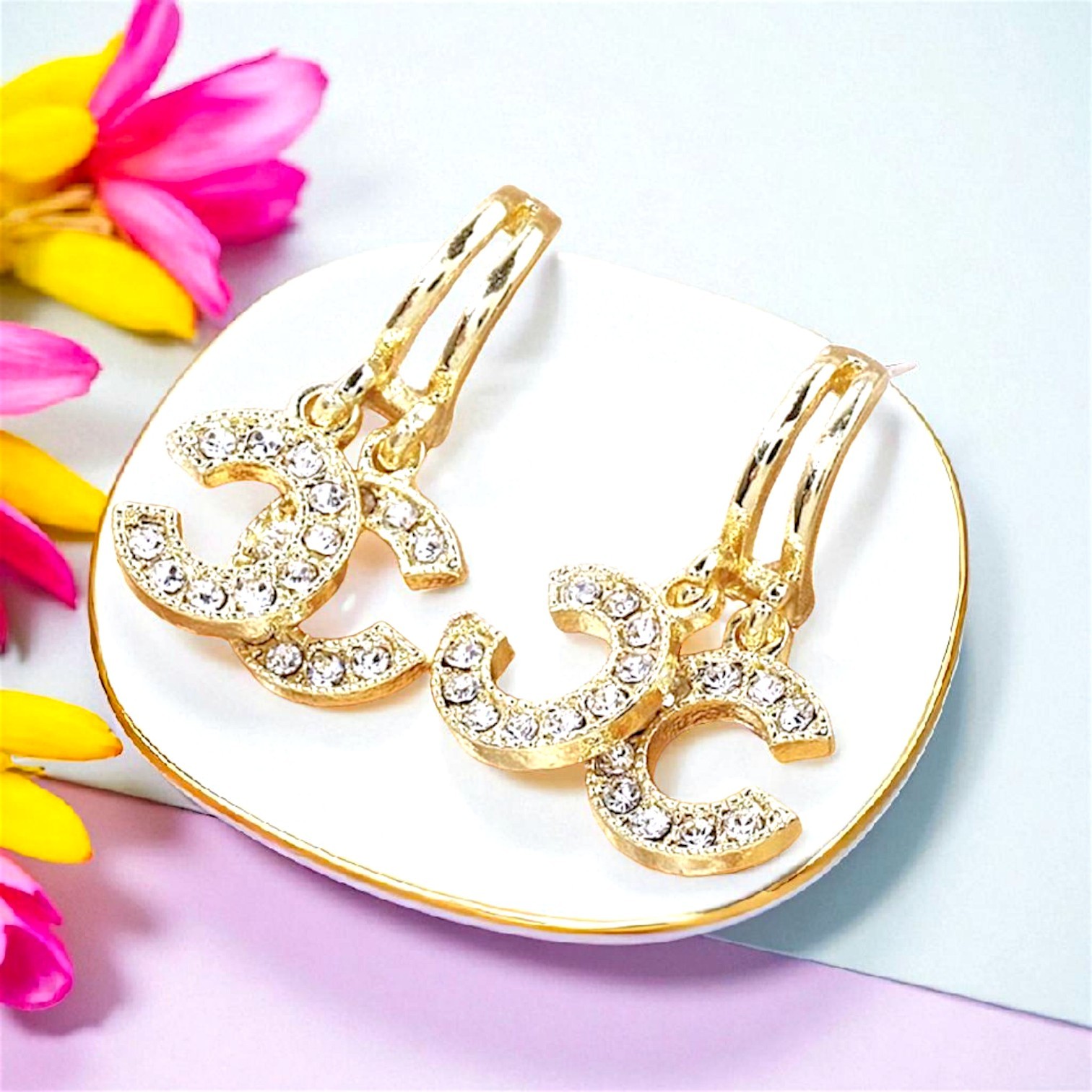 C-shaped Light Gold Plated Crystal Fashion Earrings With Silver Post