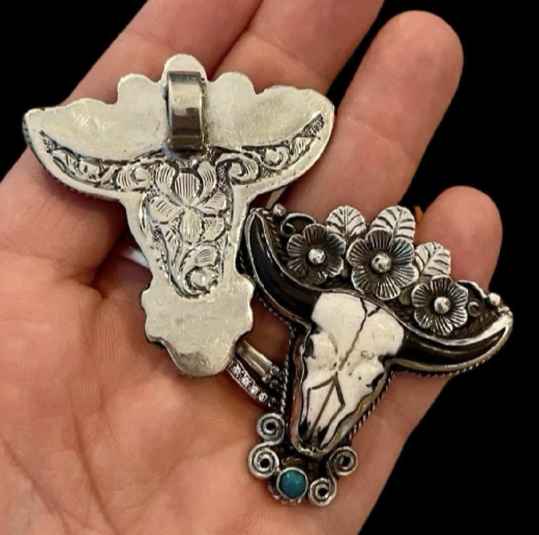 Western bone Steer Skull with Floral accent with Turquoise necklace slide