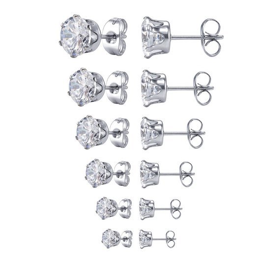 Surgical 316L Stainless Steel Stud Earrings Cubic Zircon Round Men Women 2PC