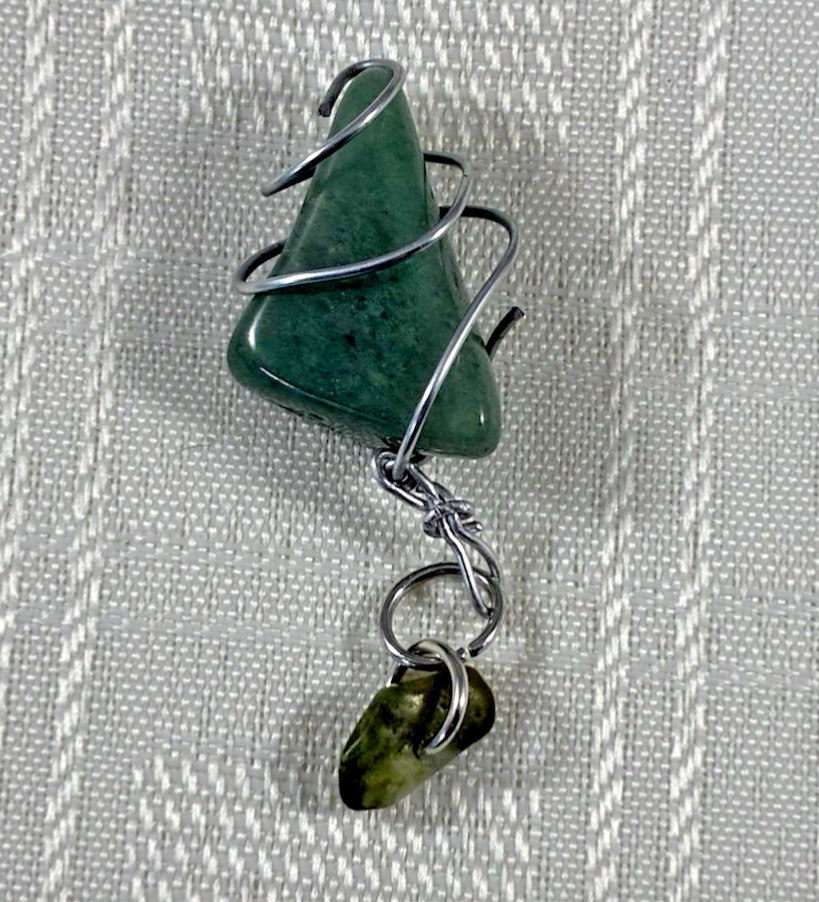 Green Freeform Stone Wire-Wrapped Charm Pendant, Silver Tone