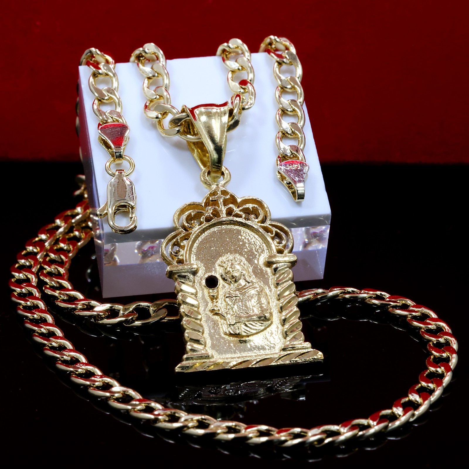 Saint Barbara Temple 14k Gold Plated Charm Pendant 20″ Cuban Choker Chain 212