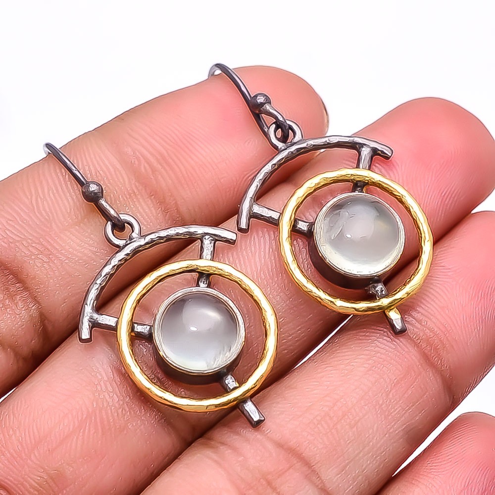 Pink Rose Quartz 925 Silver Handmade Black & Gold Plated Earring 1.64″ E49