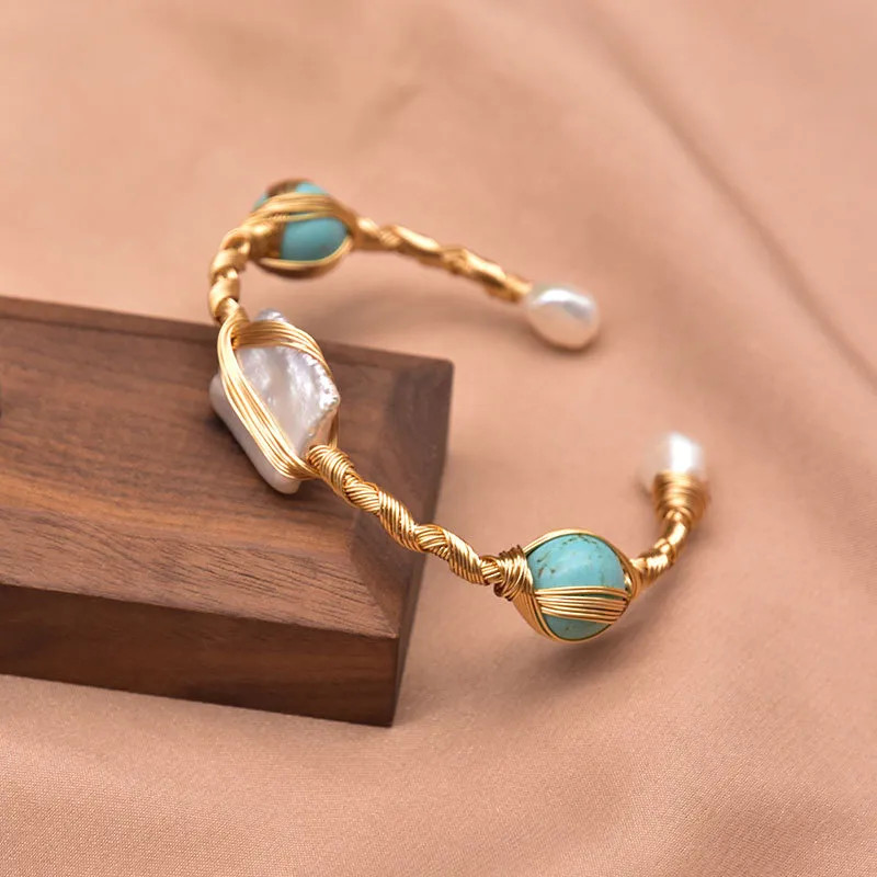 18K Gold Plated Freshwater Pearl Turquoise Bracelet Women’s Adjustable Gift
